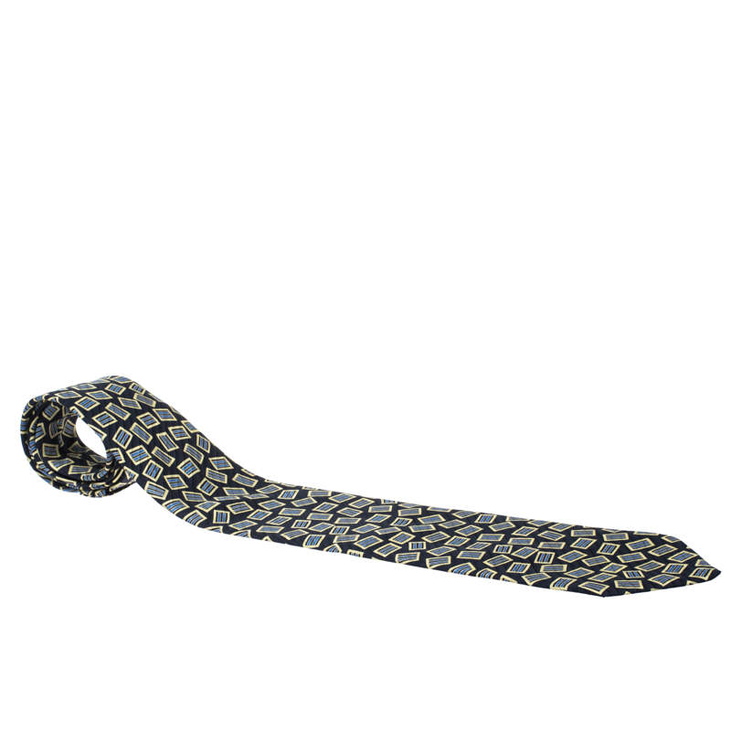 ربطة عنق بريوني فينتدج تقليدية حرير مطبوع أزرق كحلي و أصفر 