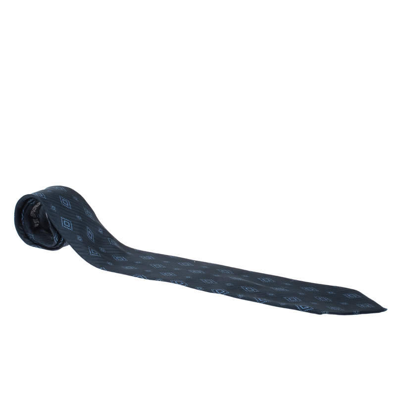 Pre Owned ربطة عنق بريوني فينتدج حرير مطبوع نقشة هندسية أزرق كحلي 