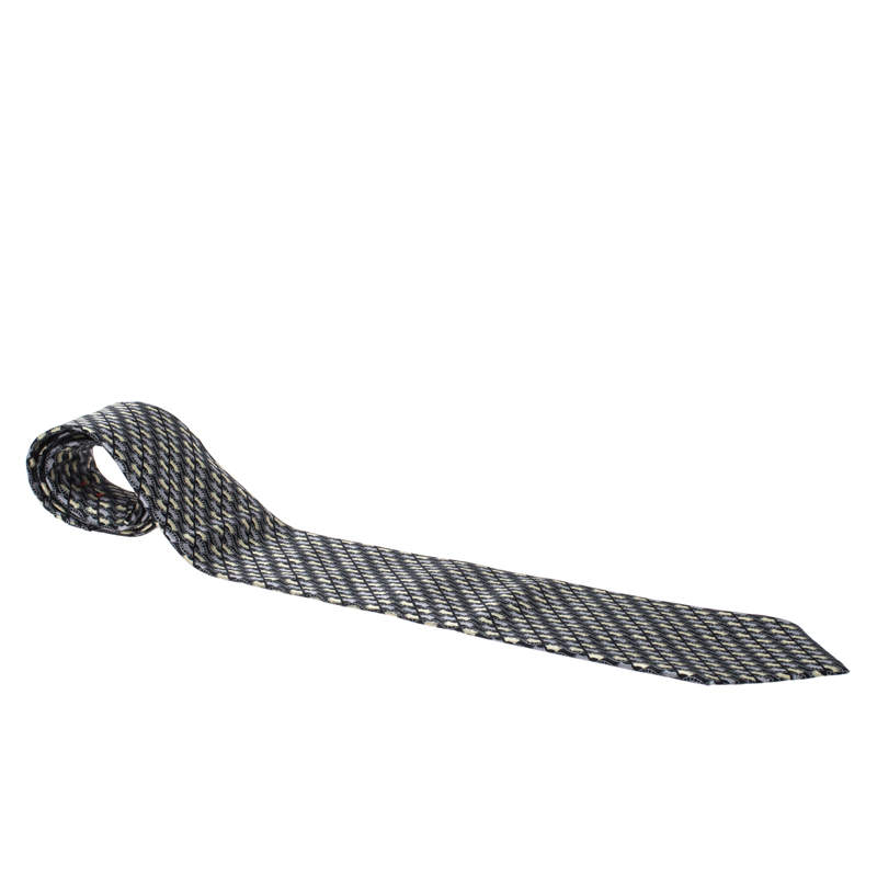 Brioni Vintage Black & Metallic Foil Print Motif Silk Tie