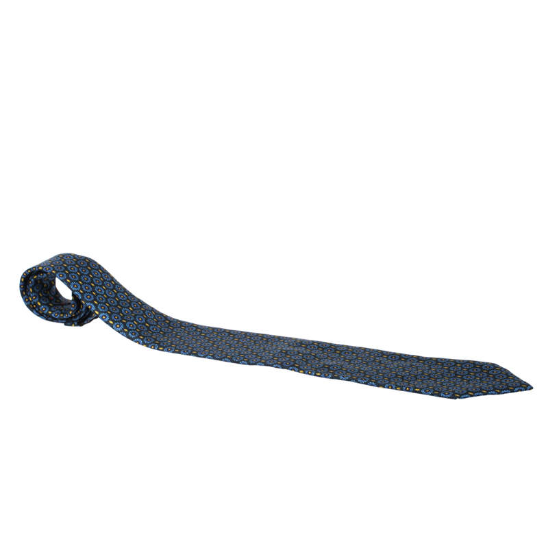 مملوكة مسبقًا ربطة عنق بريوني فينتدج حرير مطبوع فلام أزرق و أصفر 