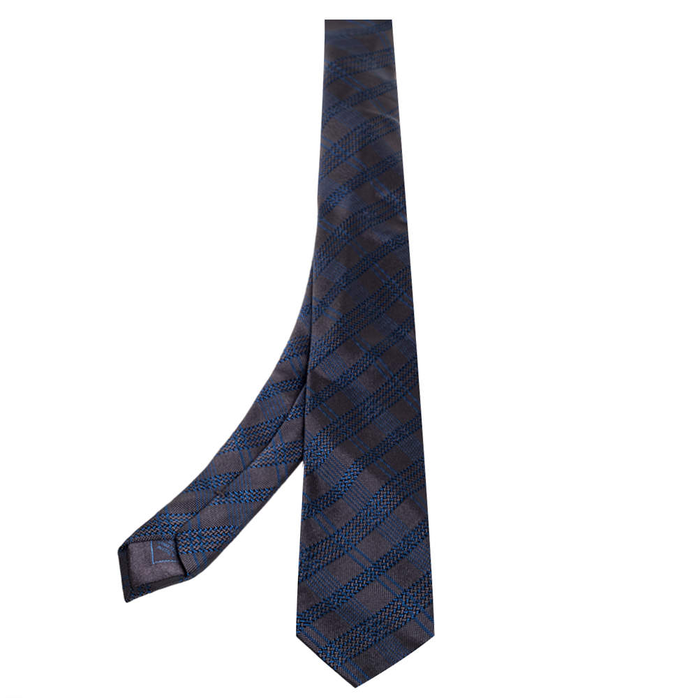 Pre Owned Brioni Grey & Blue Jacquard Check Silk Tie