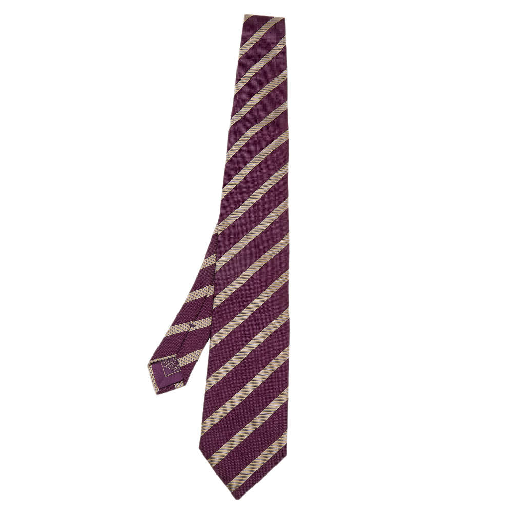Pre Owned Brioni Purple & Gold Striped Silk Tie