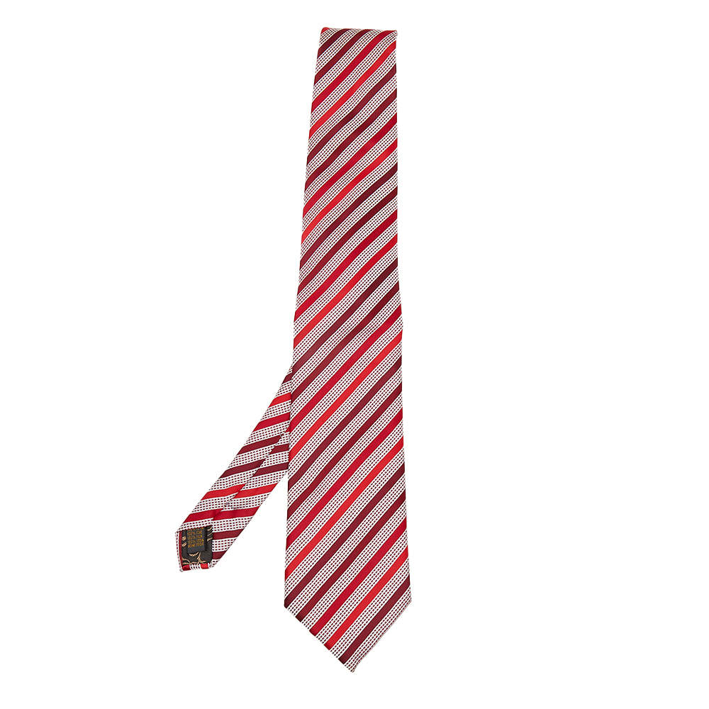 مملوكة مسبقًا ربطة عنق بريوني حرير مخطط أبيض وأحمر