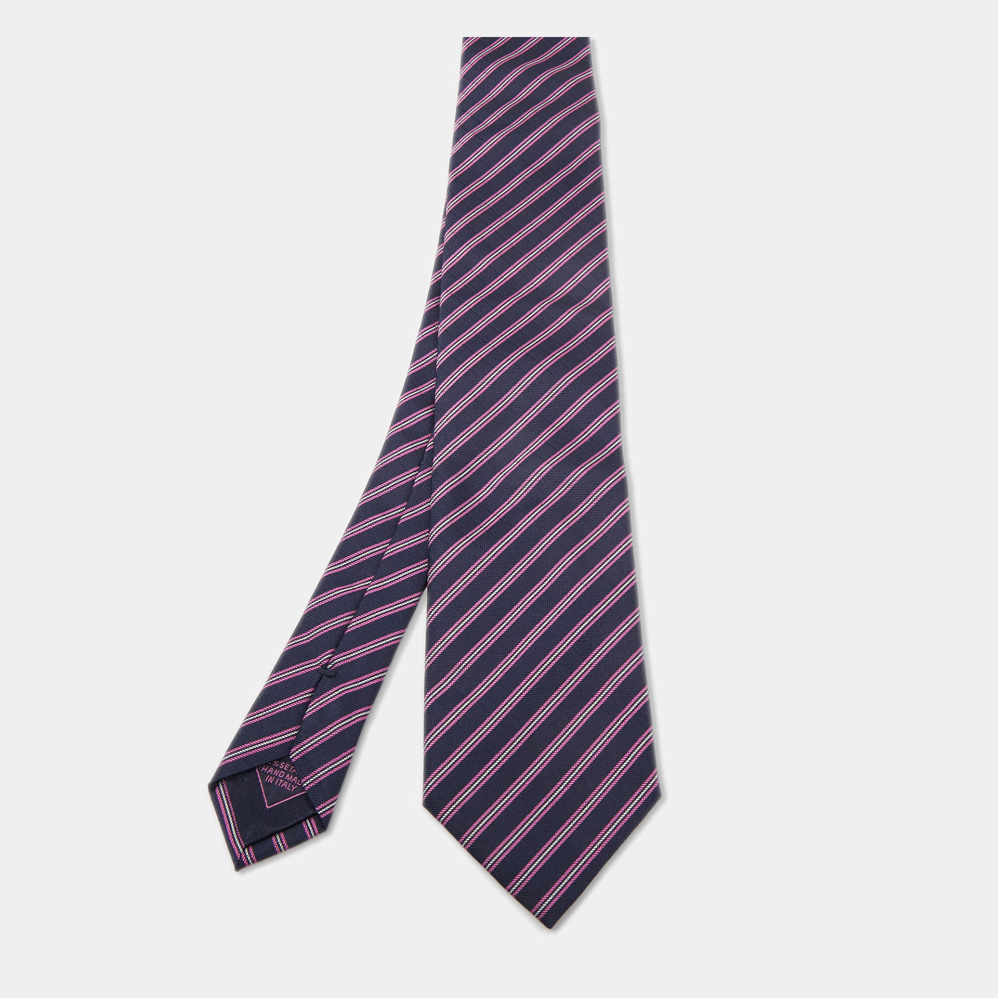 مملوكة مسبقًا Brioni Navy Blue & Pink Striped Jacquard Silk Tie