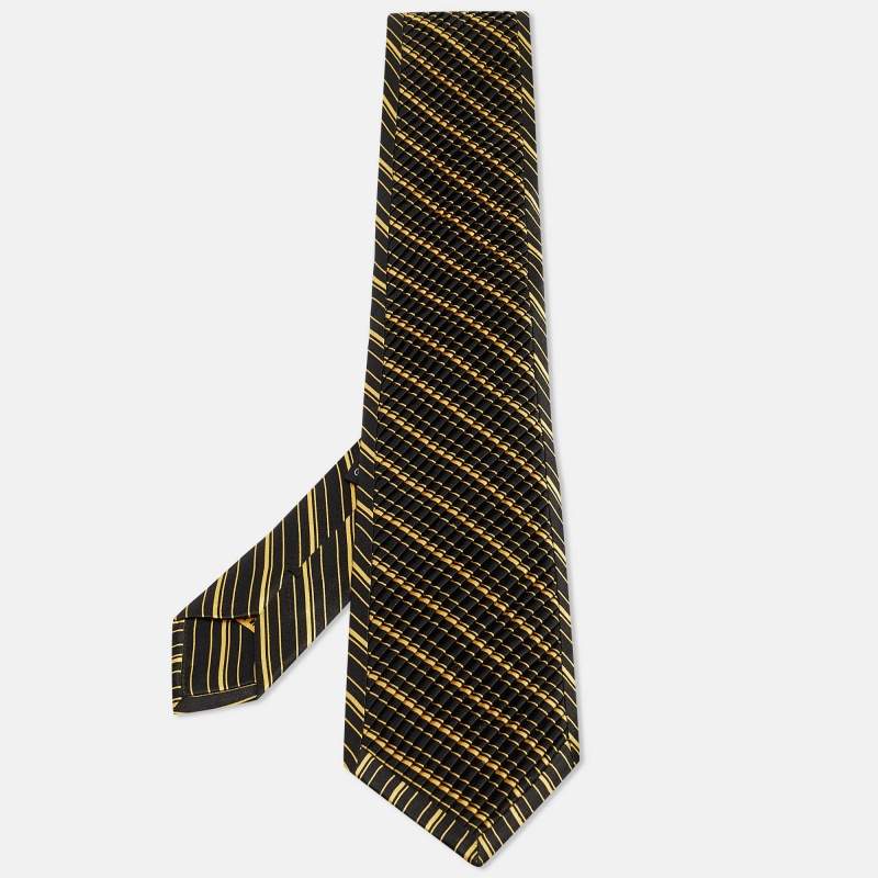 Pre Owned Brioni Black/Yellow Striped Satin Silk Pleated Tie 