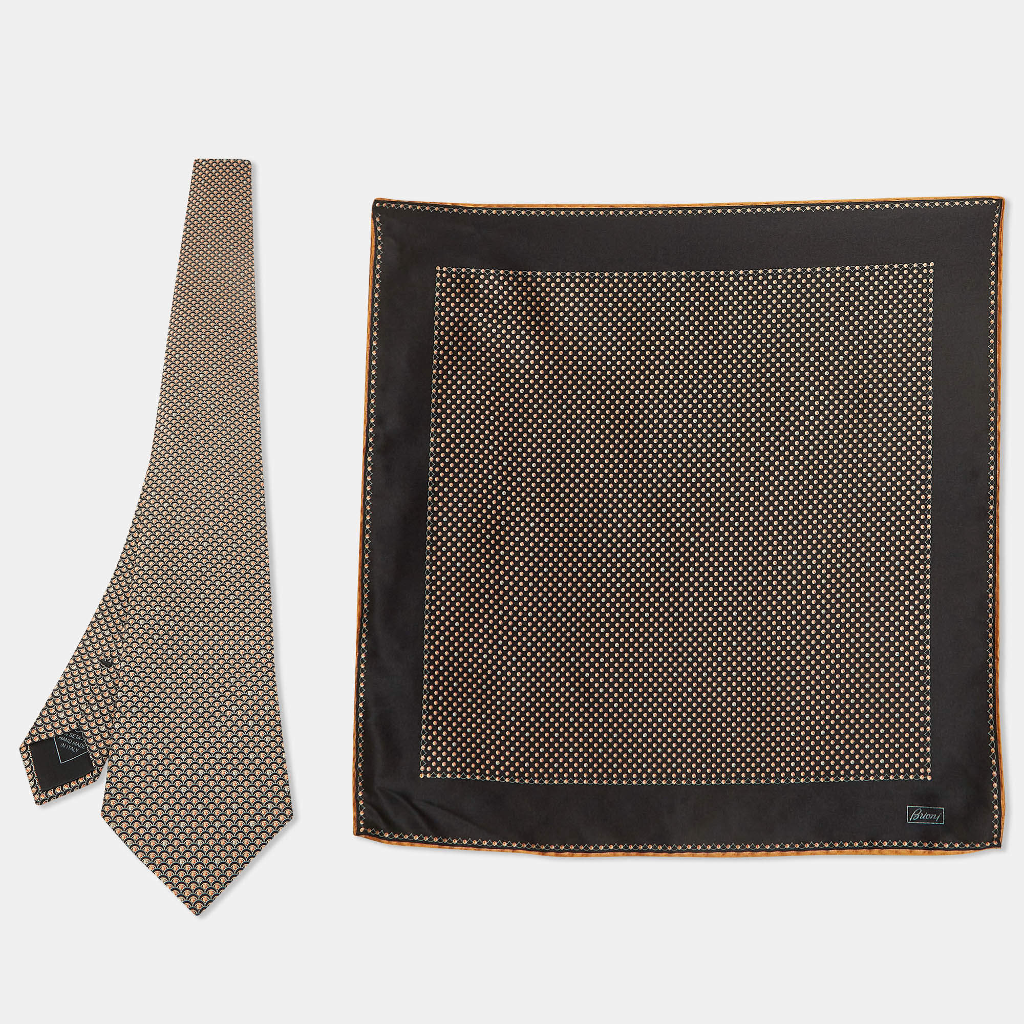Brioni Multicolor Printed Satin Silk Pocket Square and Traditional Tie 