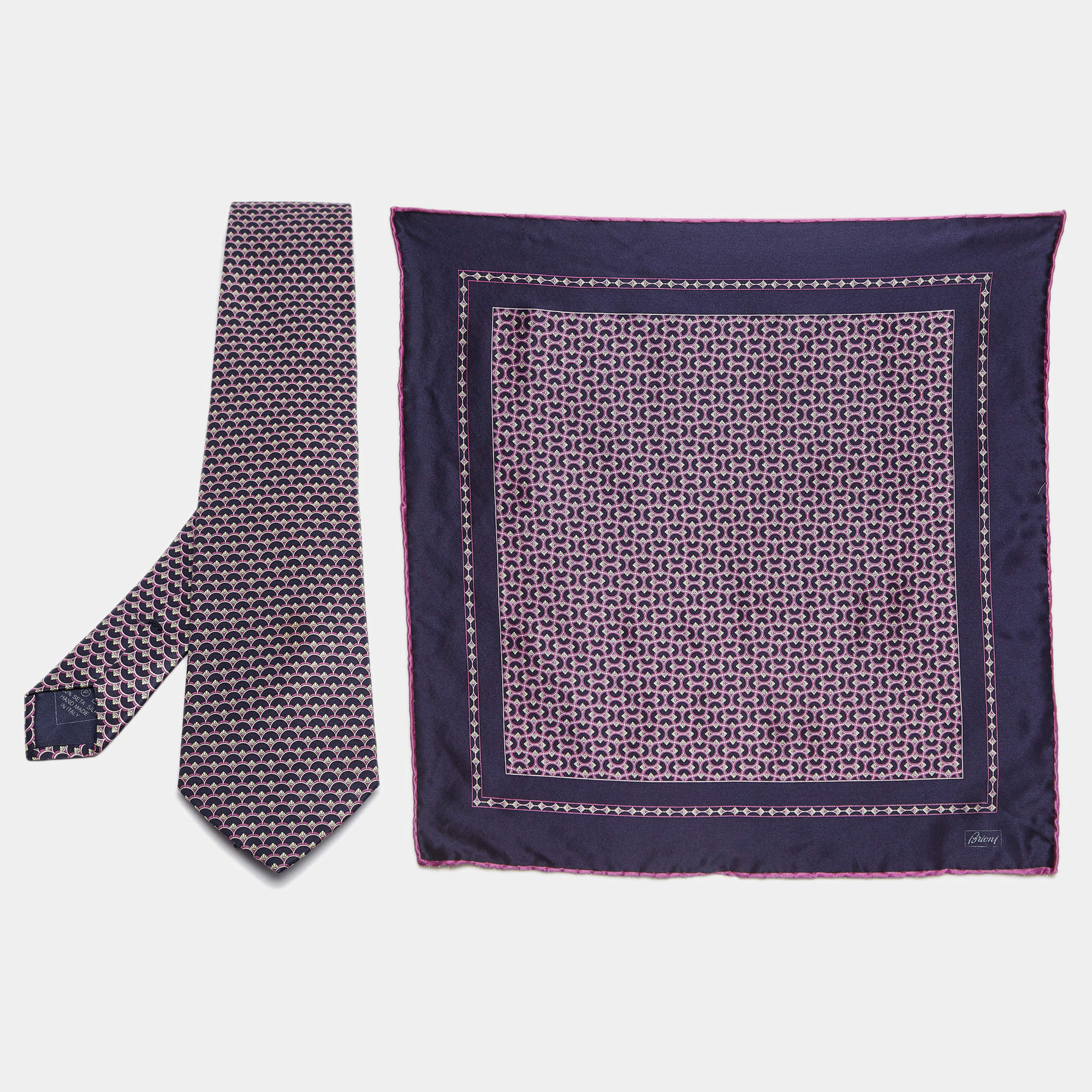 Brioni Purple Printed Satin Pocket Square and Tie 