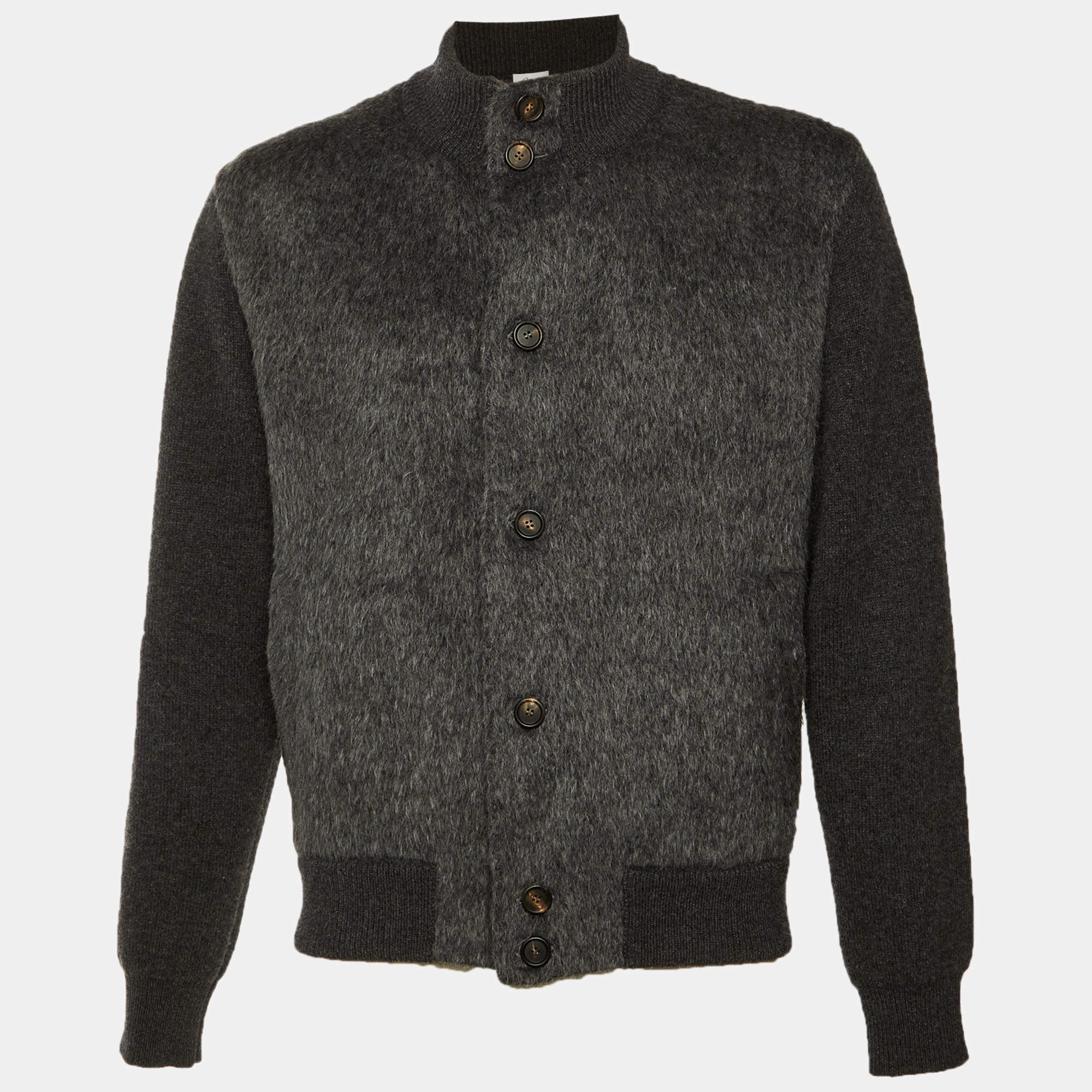 Pre Owned جاكت بريوني رقبة مقلدة صوف منقوش رمادي XXL