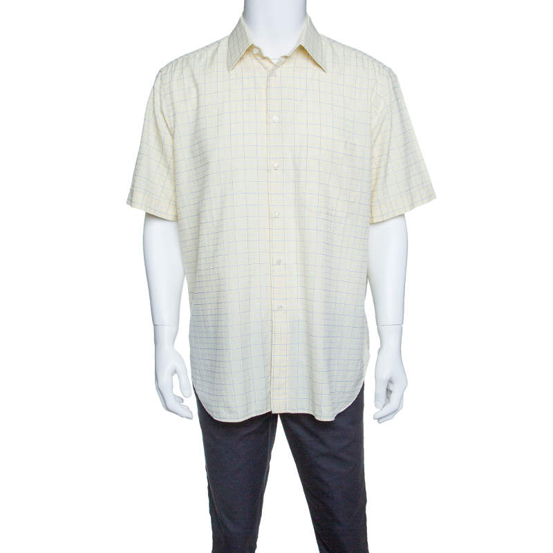 Pre Owned Brioni  Pale Yellow Checkered Cotton Short Sleeve Button Front Shirt XXL