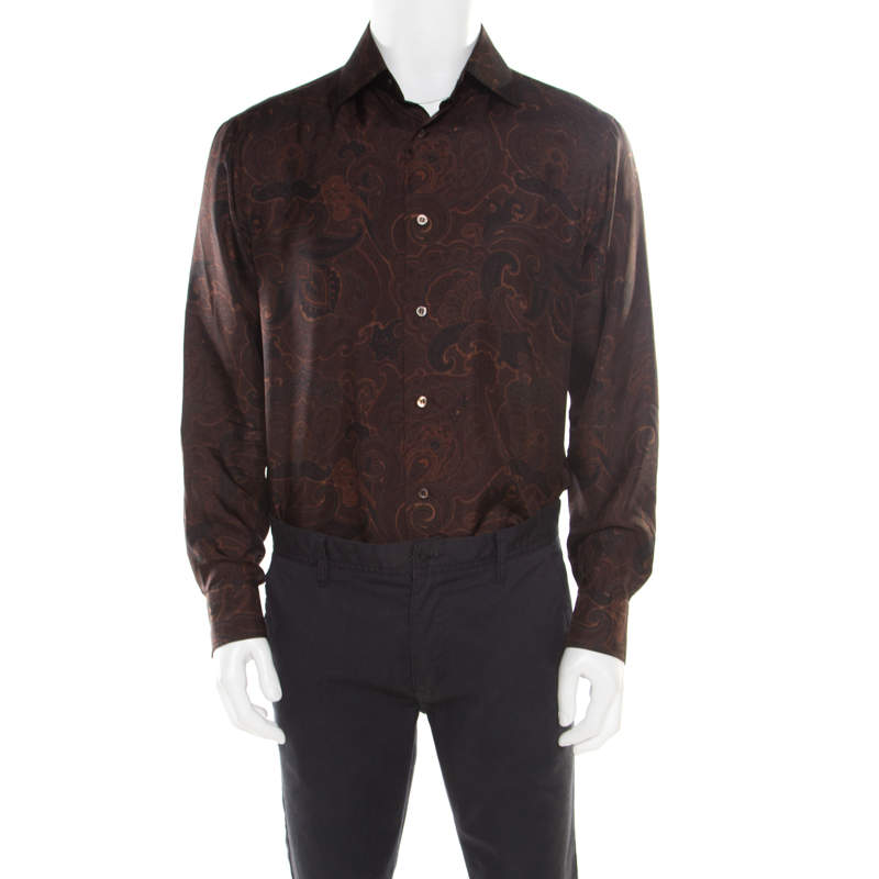 Pre Owned Brioni Brown Paisley Printed Silk Button Front Shirt L