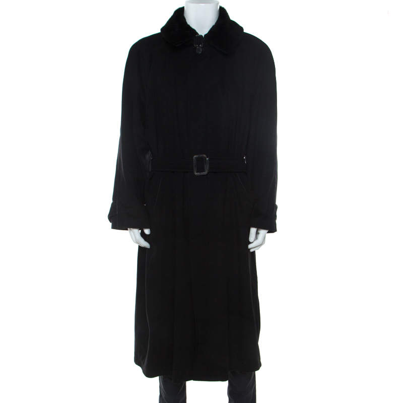 Brioni Black Cashmere Detachable Fur Collar Detail Belted Long Coat XXL