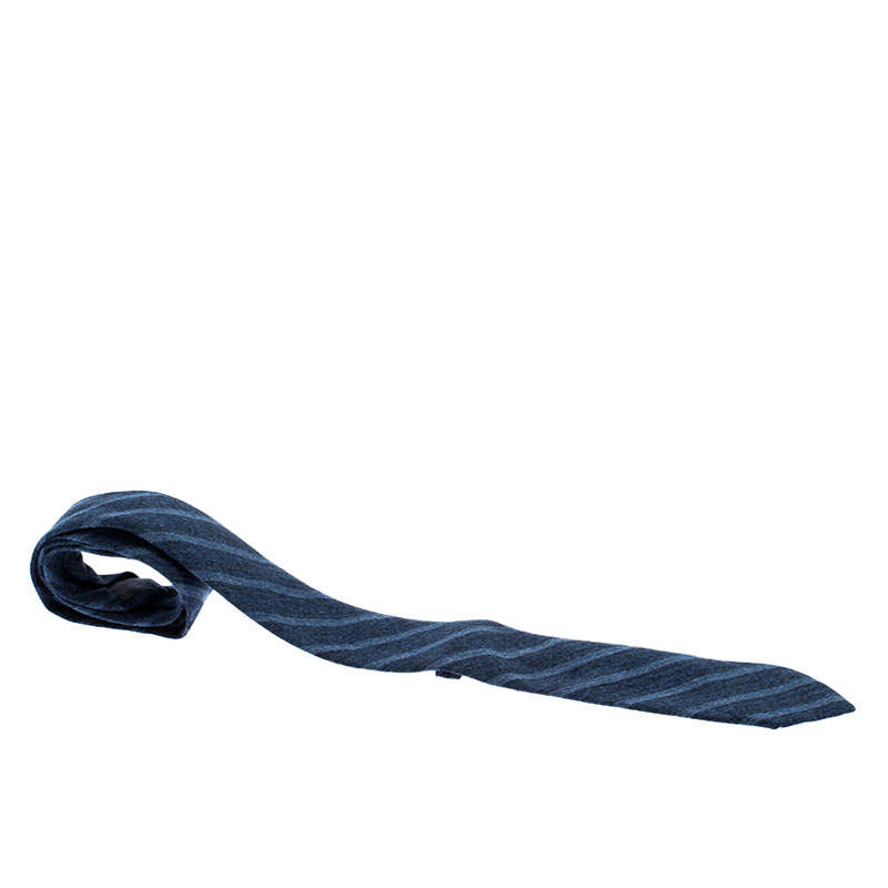 Pre Owned Brunello Cucinelli Blue Diagonal Striped Herringbone Weave Cotton Tie