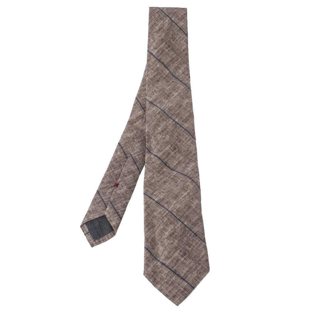 Brunello Cucinelli Beige Linen & Silk Diagonal Striped Tie