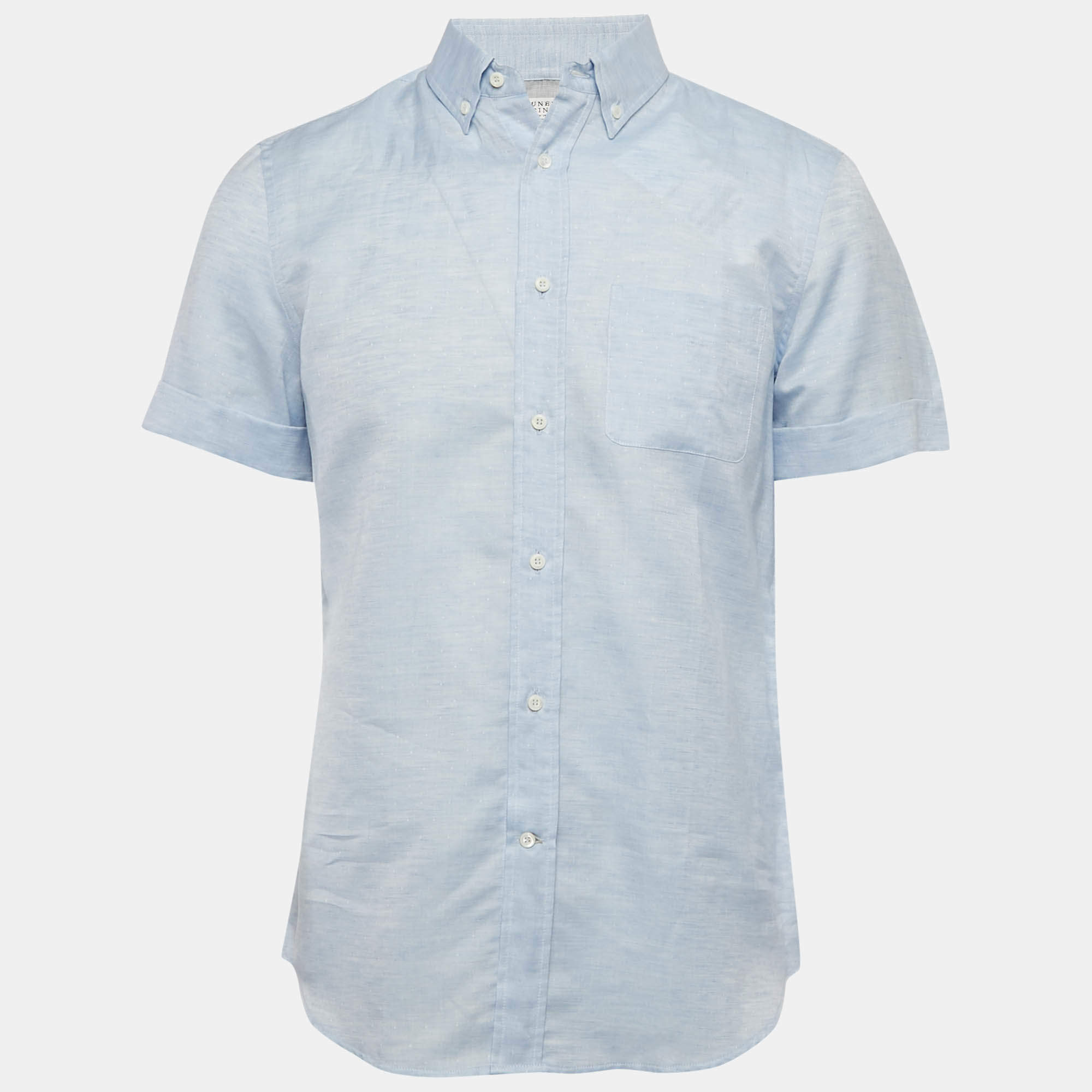 Brunello Cucinelli Light Blue Patterned Linen Blend Half Sleeve Shirt L
