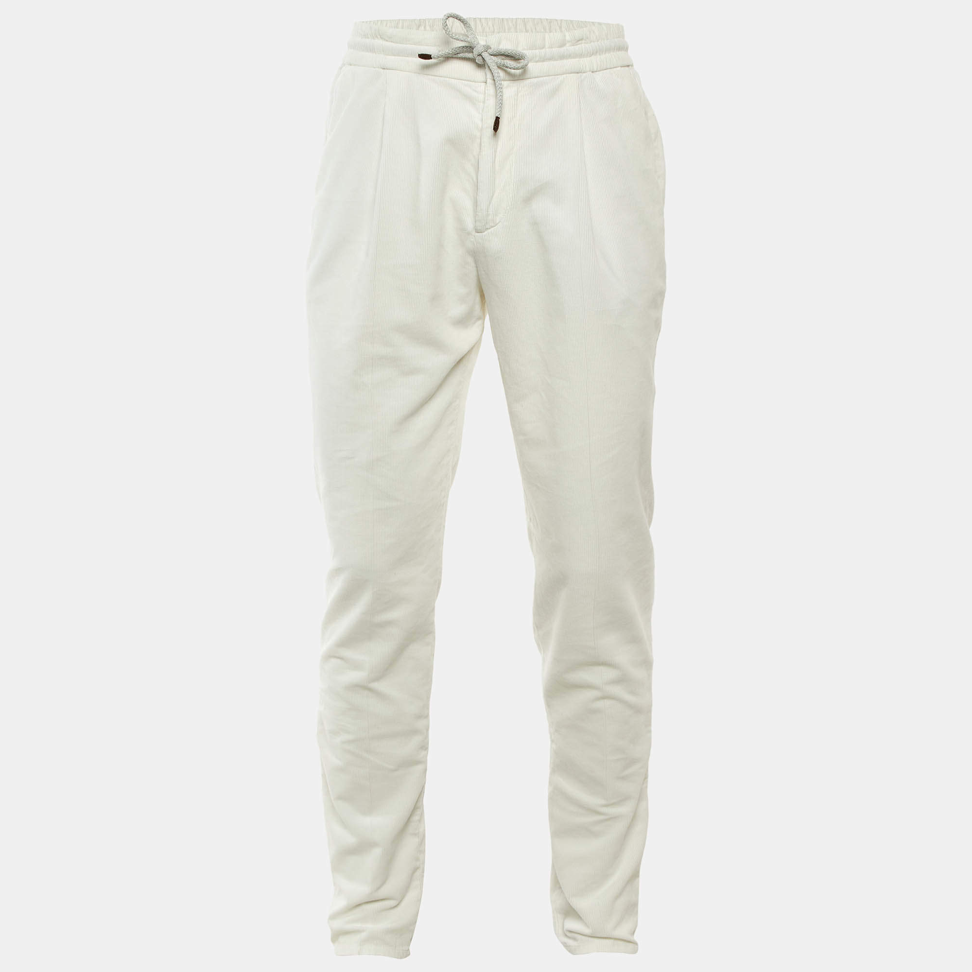 Pre Owned Brunello Cucinelli White Corduroy Leisure Fit Pants M