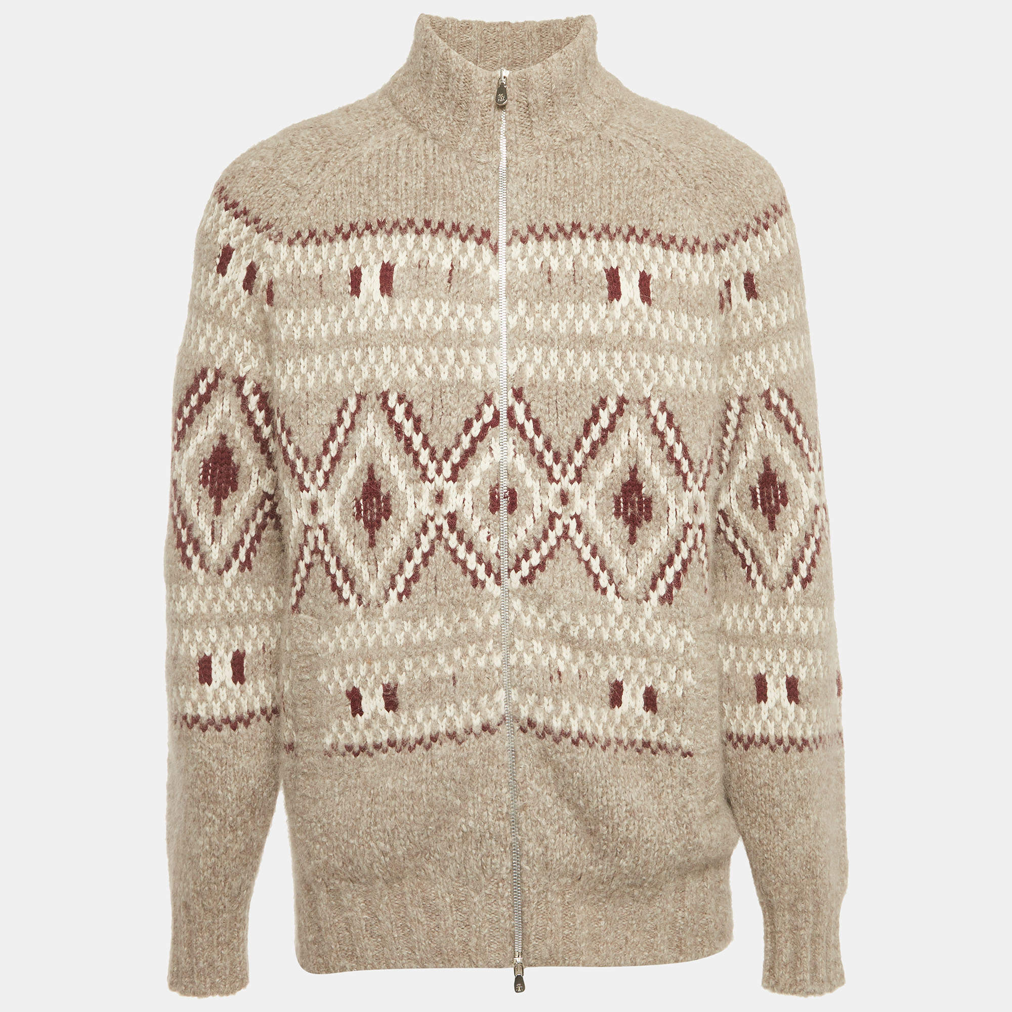 Pre Owned Brunello Cucinelli Grey Fair Isle Knit Zip-Up Cardigan L