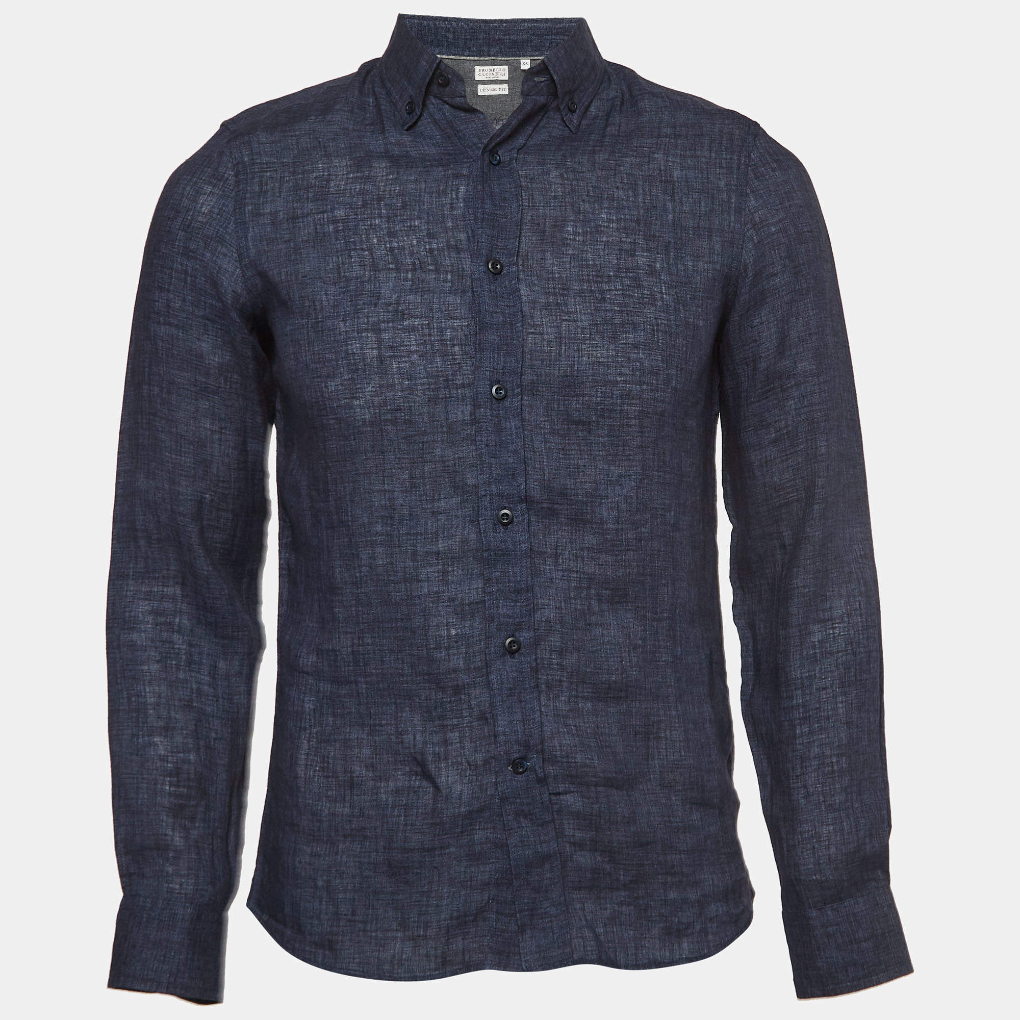 Pre Owned Brunello Cucinelli Navy Blue Solid Linen Washed Leisure Shirt XS