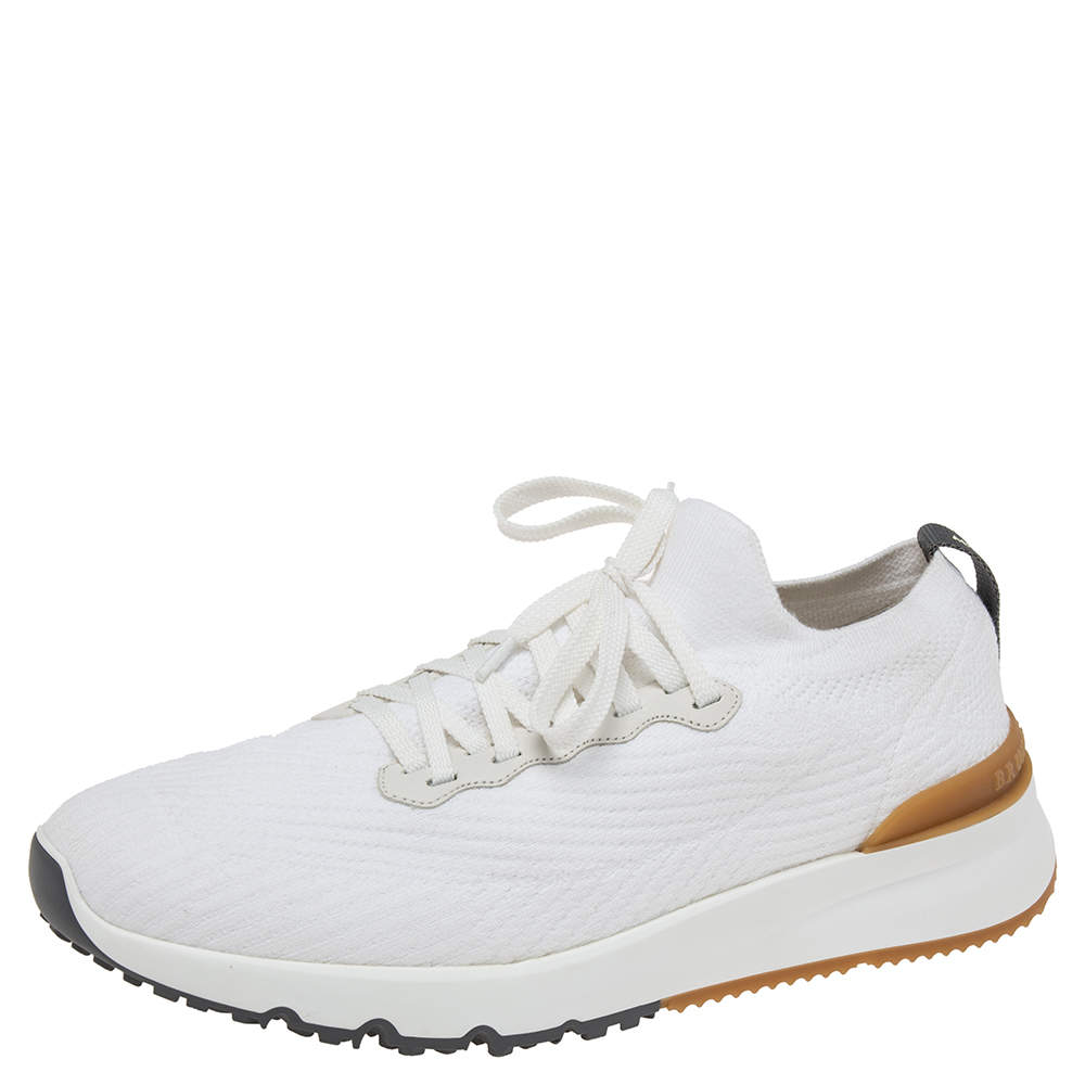 Brunello Cucinelli White Knit Fabric Lace Up Sneakers Size 44