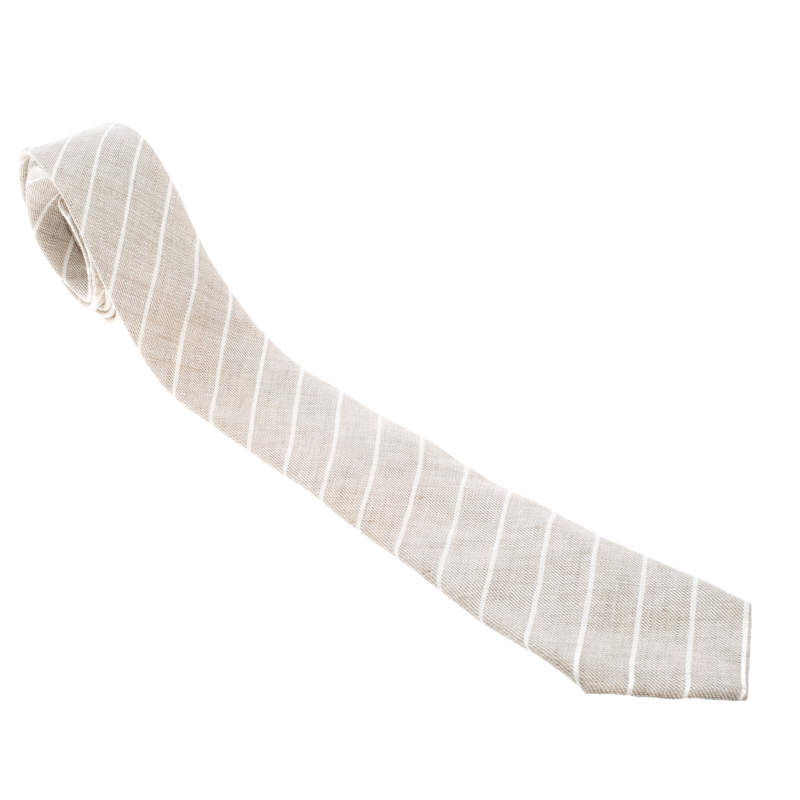 Brunello Cucinelli Beige and Cream Diagonal Striped Linen Tie