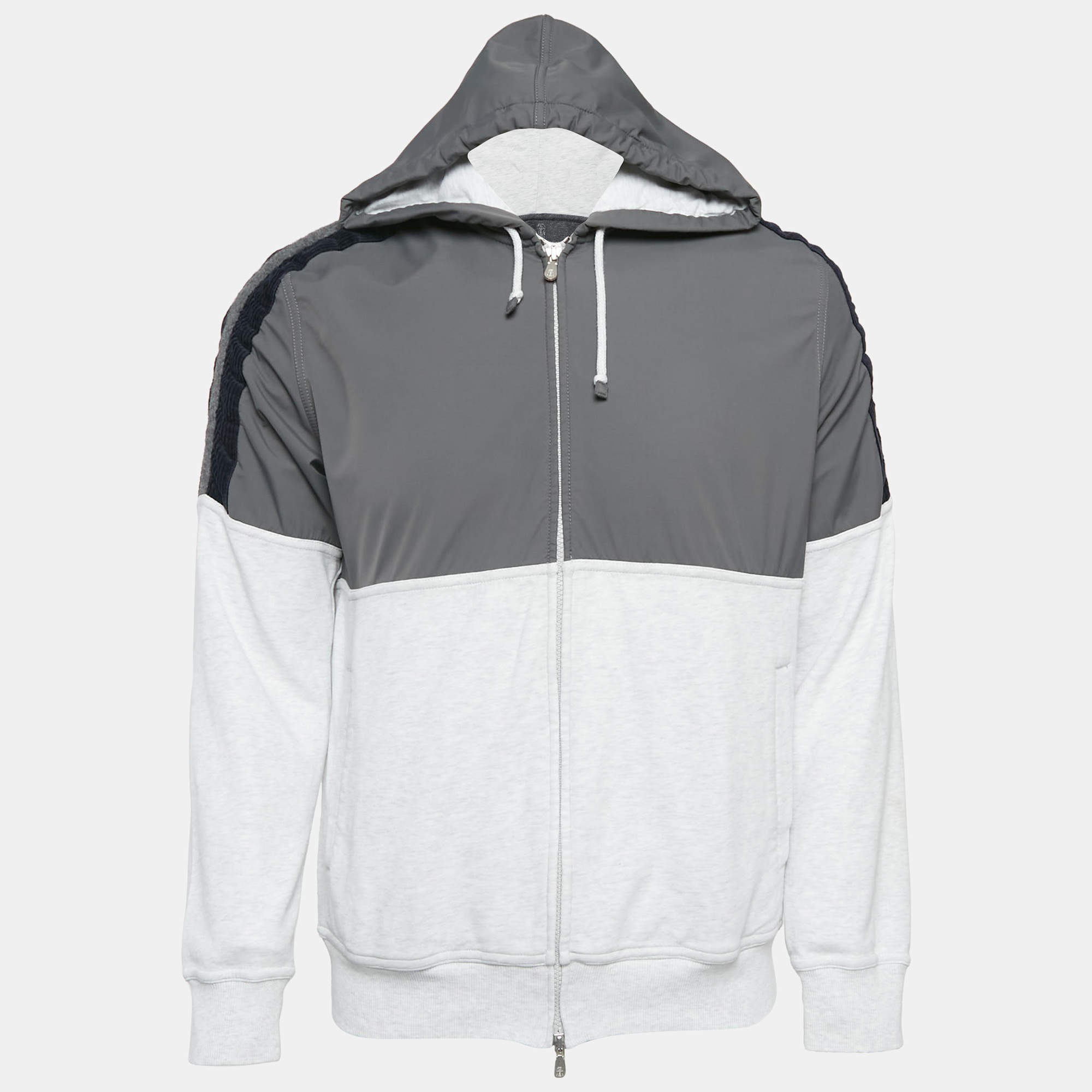 Brunello Cucinelli Grey Cotton and Nylon Zip Front Hoodie S