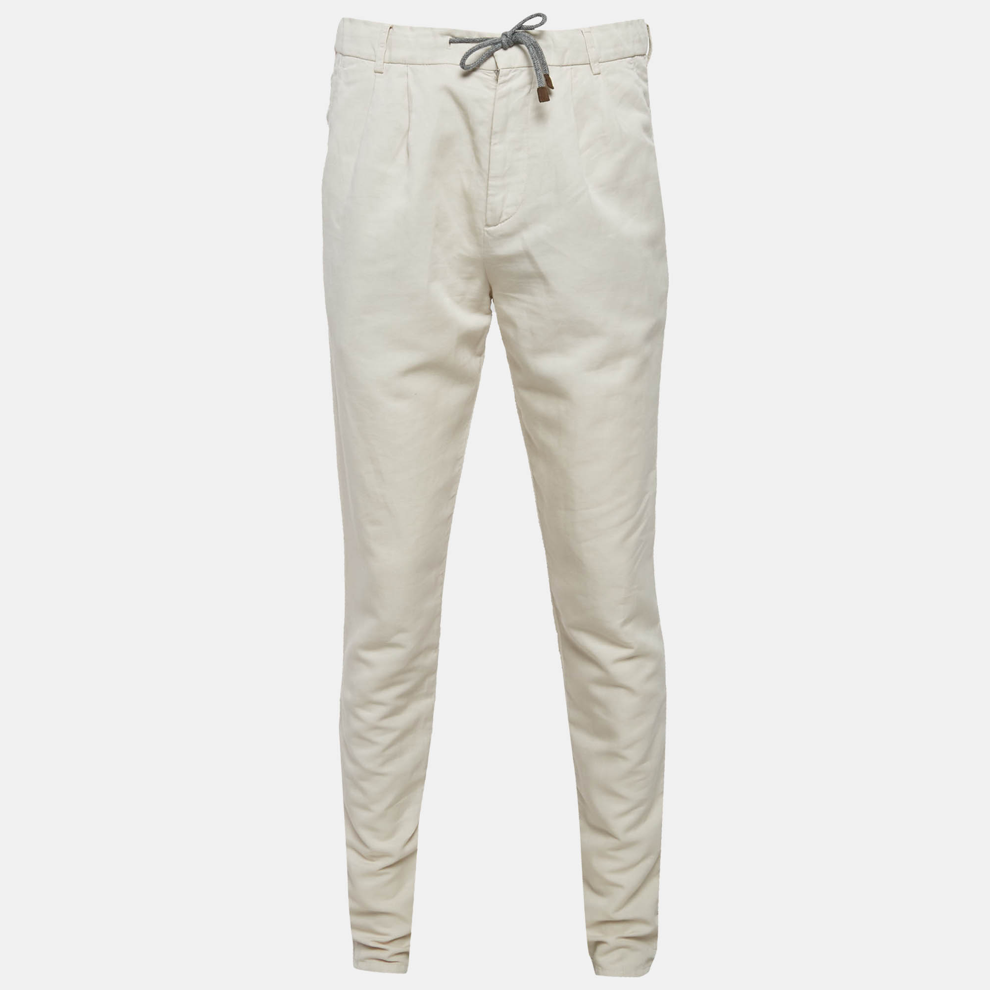 Brunello Cucinelli Beige Linen Blend Draw String Leisure Fit Pants S