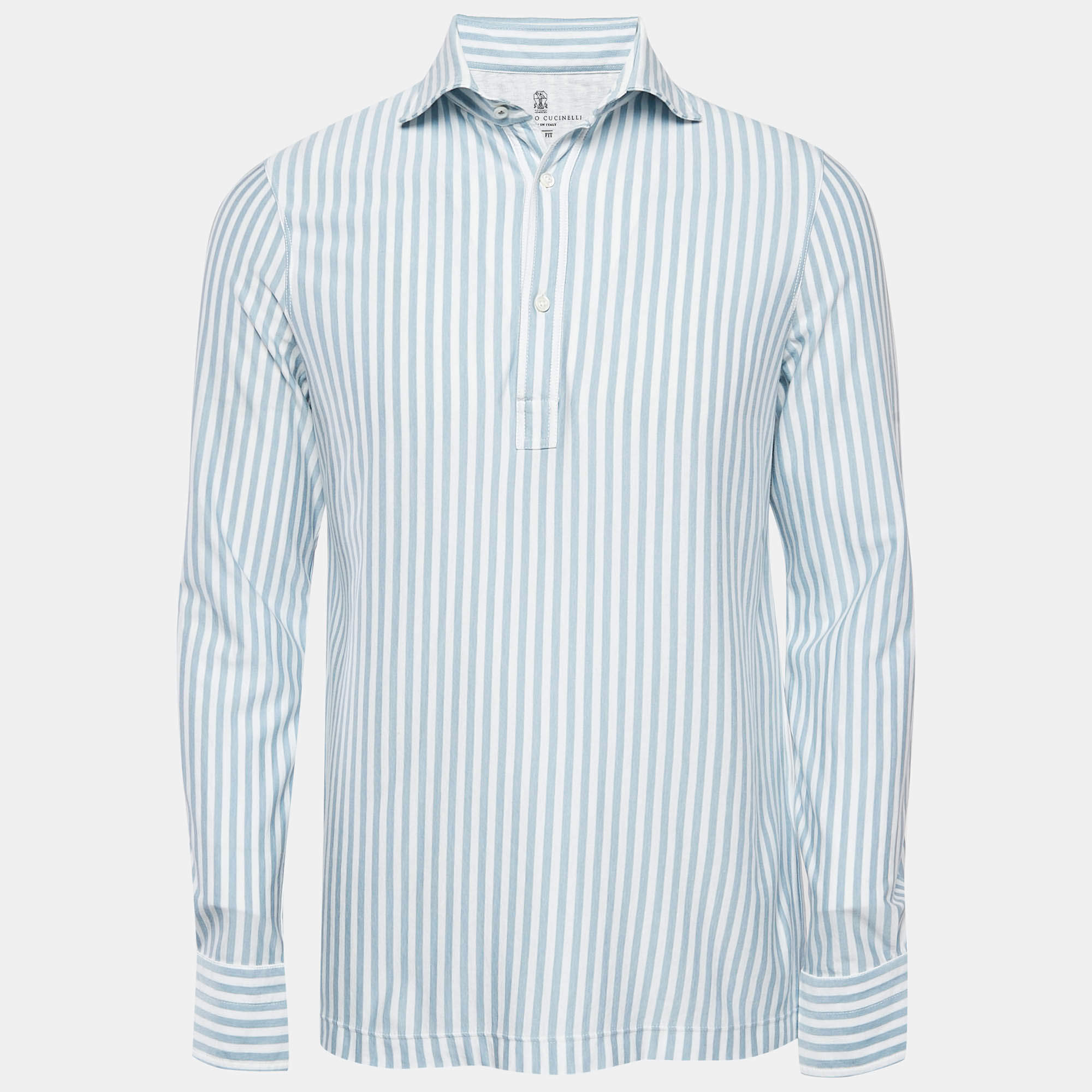 Pre Owned Brunello Cucinelli White/Blue Stripe Cotton Half Placket Shirt M