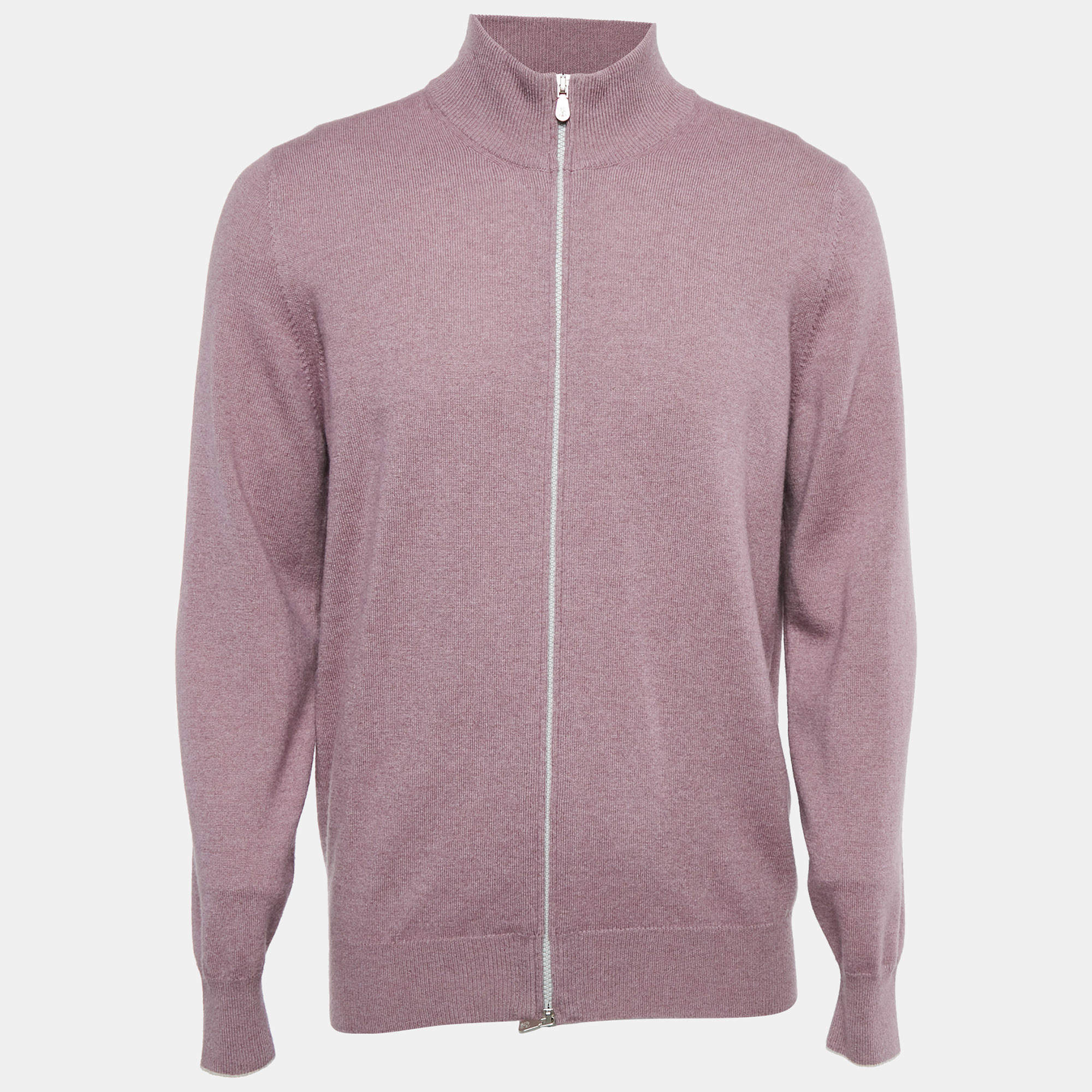 Brunello Cucinelli Pink Cashmere Mock Neck Zip-Up Cardigan L
