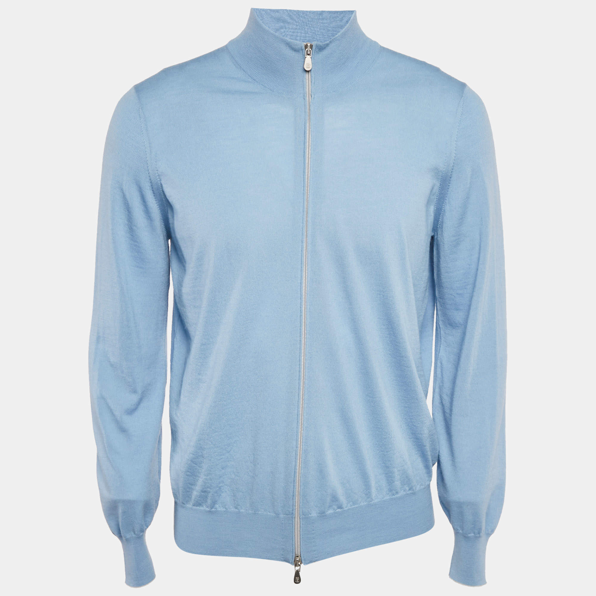 Pre Owned Brunello Cucinelli Blue Wool Blend Zip-Up Cardigan L