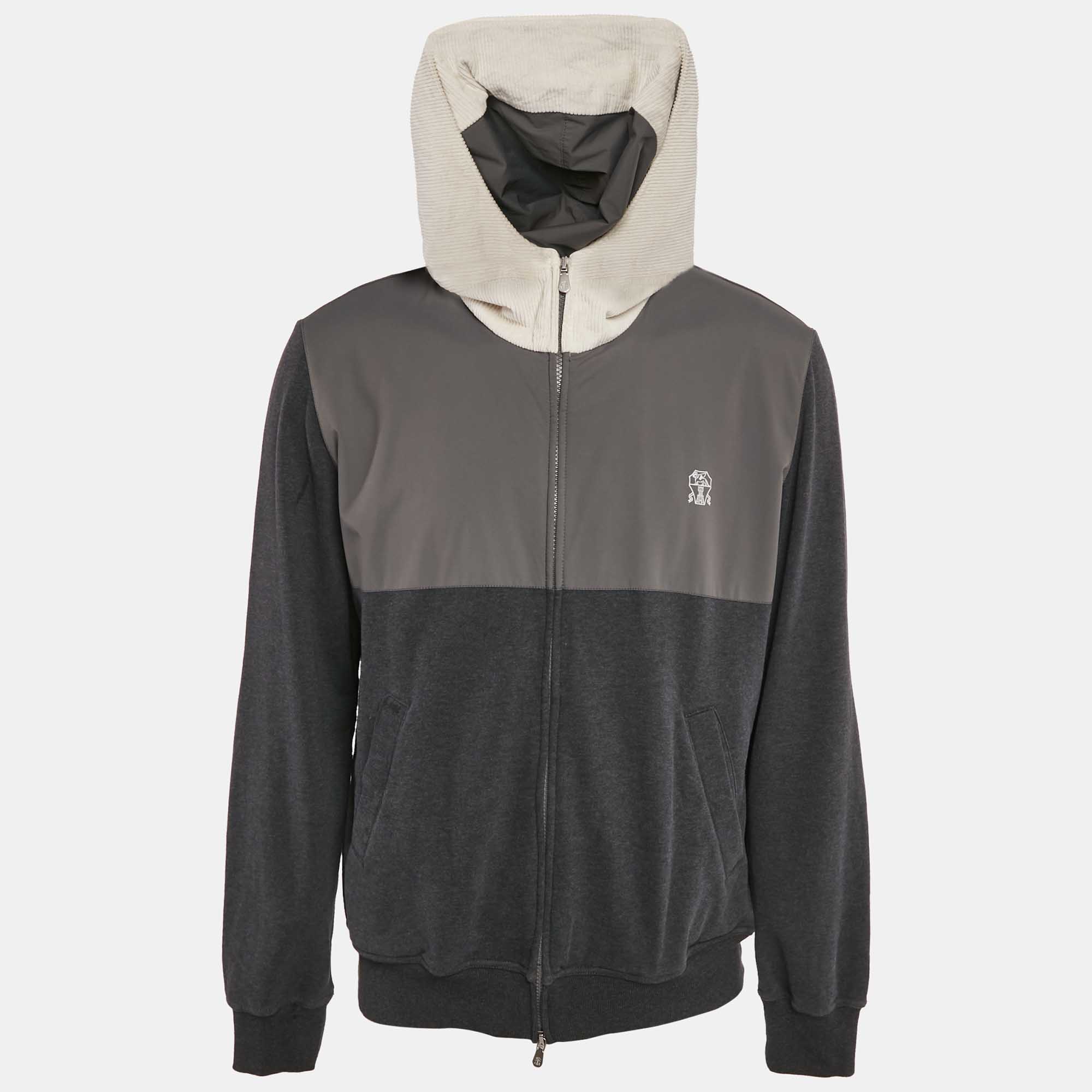 Pre Owned Brunello Cucinelli Grey Corduroy Trim Cotton and Nylon Hooded Jacket L