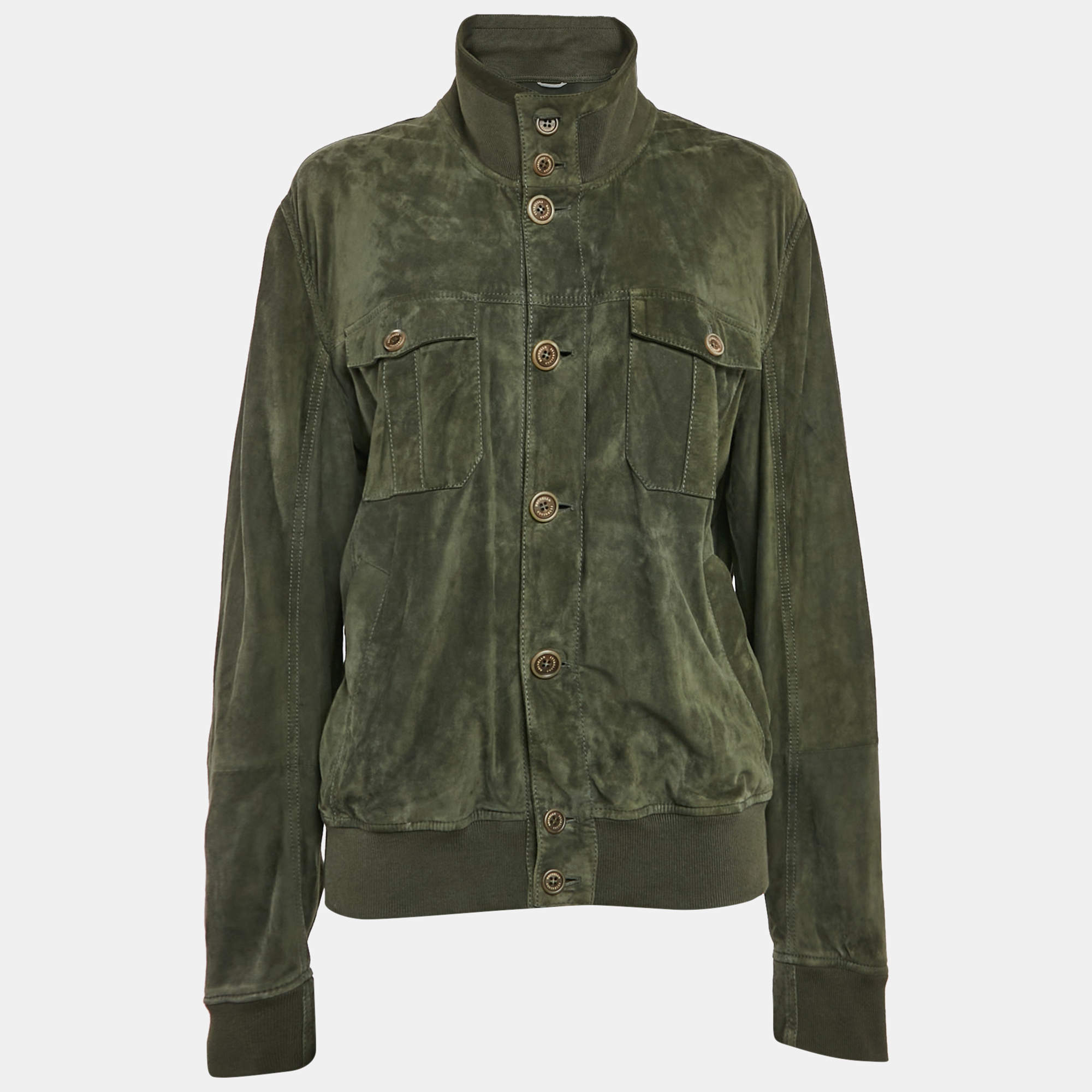 Brunello Cucinelli Green Ribbed Trim Suede Buttoned Jacket XL