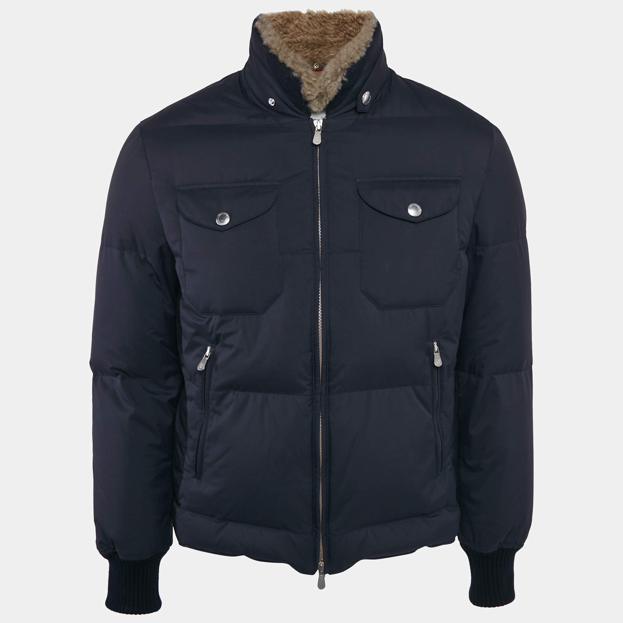 Brunello Cucinelli Blue Nylon Shearling Trim Nylon Down Jacket XS