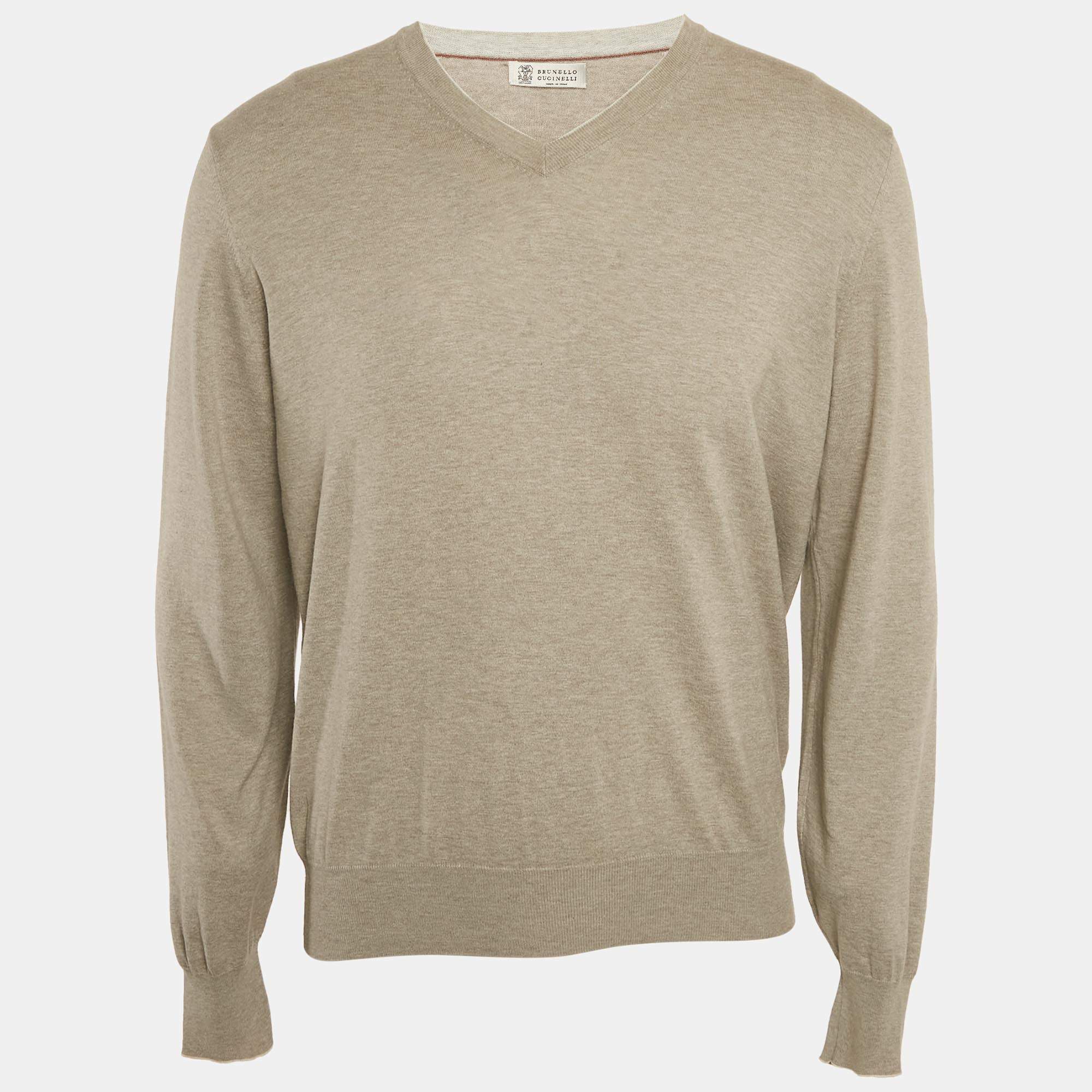Brunello Cucinelli Grey Cotton Knit V-neck T-Shirt L