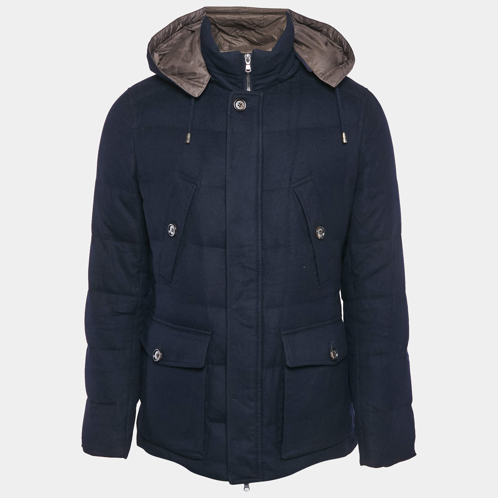 Pre Owned Brunello Cucinelli Navy Blue Cashmere Detachable Hood Down Jacket S