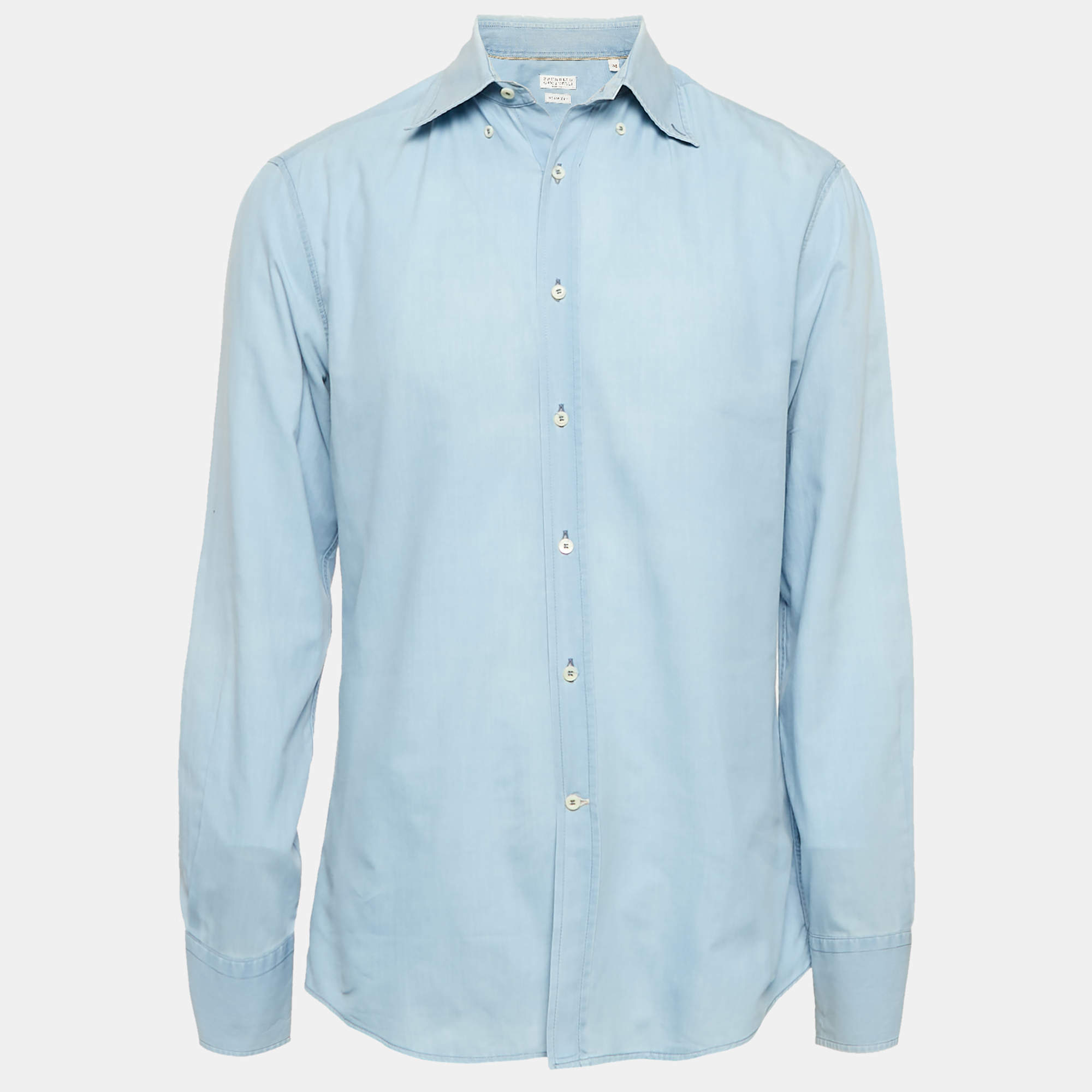Pre Owned Brunello Cucinelli Blue Cotton Slim Fit Shirt M