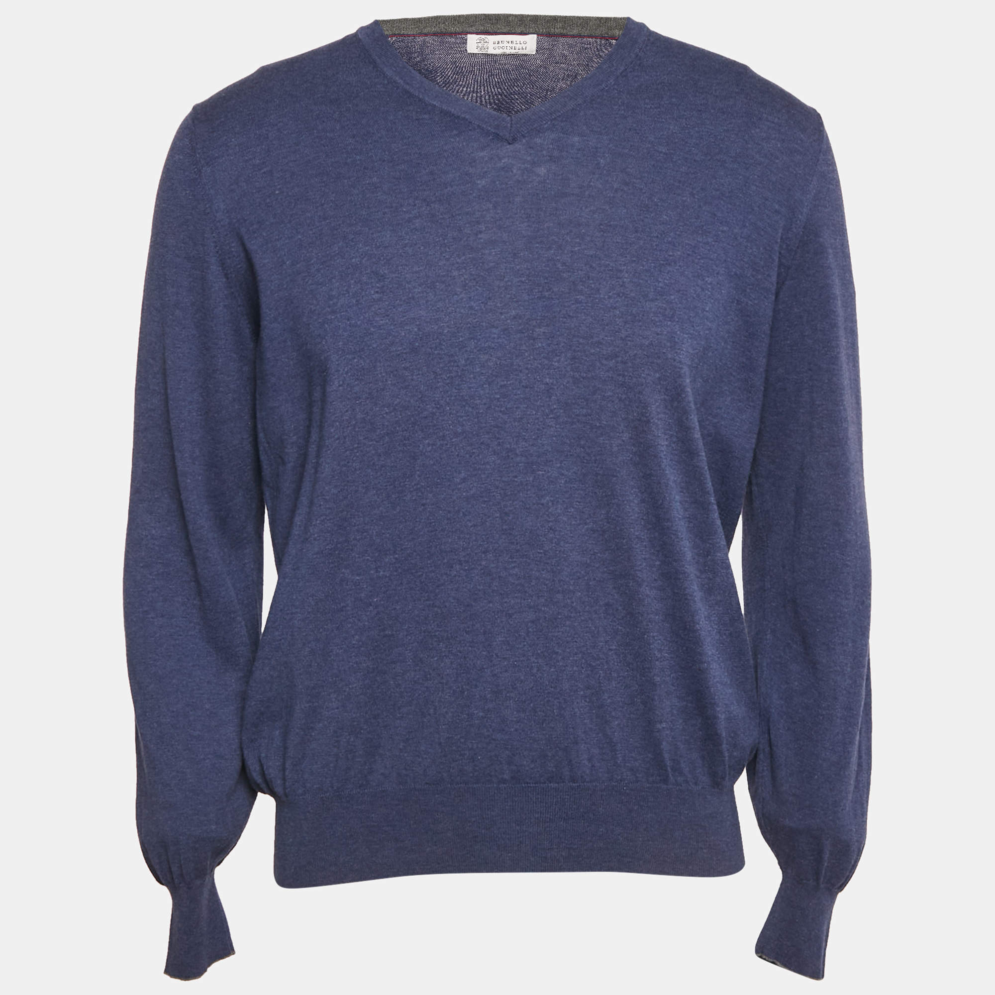 Brunello Cucinelli Blue Cotton Knit V-Neck Sweatshirt L