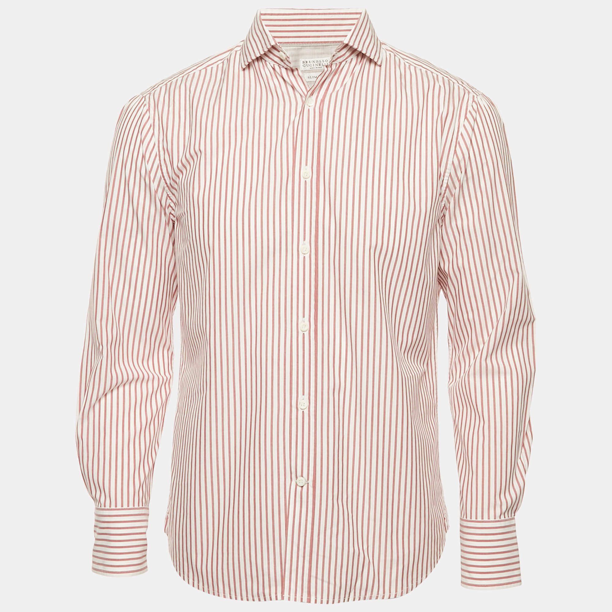 Pre Owned Brunello Cucinelli Red/White Striped Cotton Slim Fit Shirt M