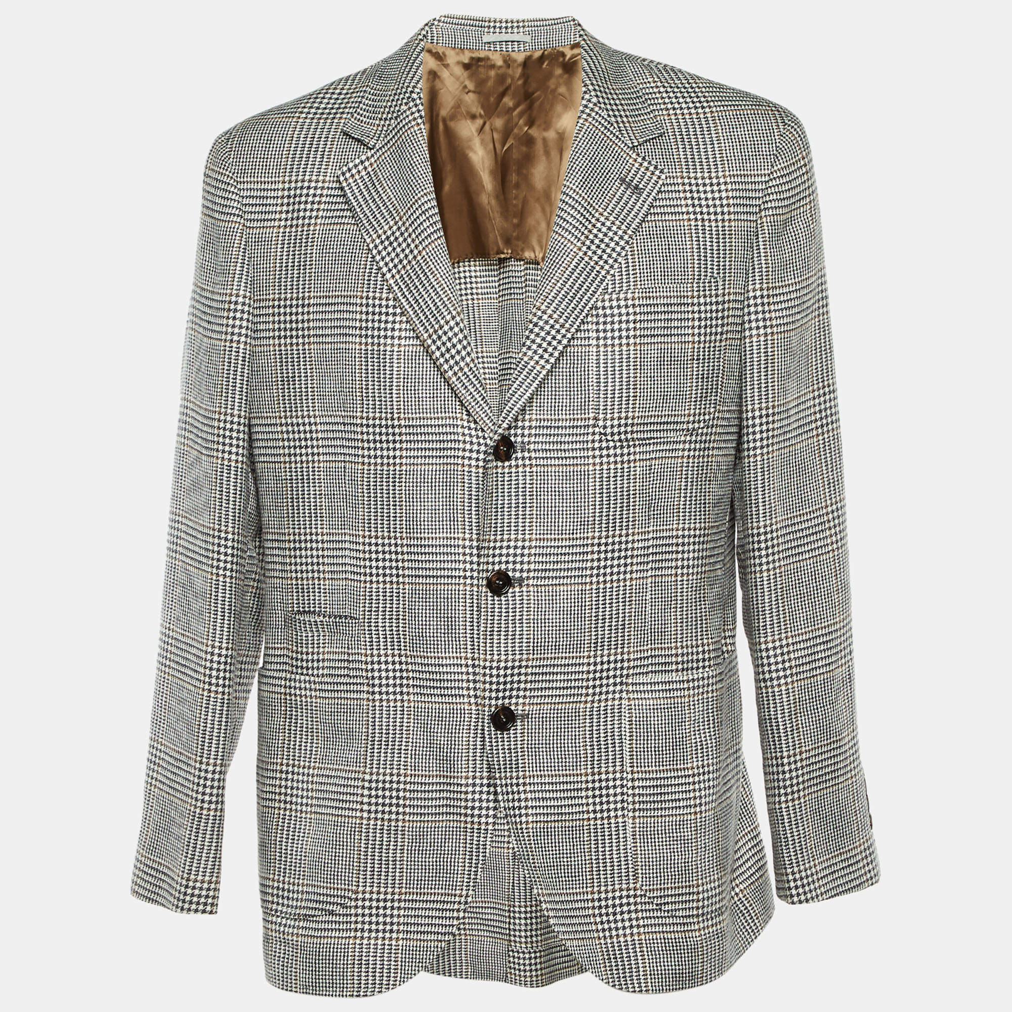 Pre Owned Brunello Cucinelli Grey Checked Linen Blend Single Breasted Blazer XXL