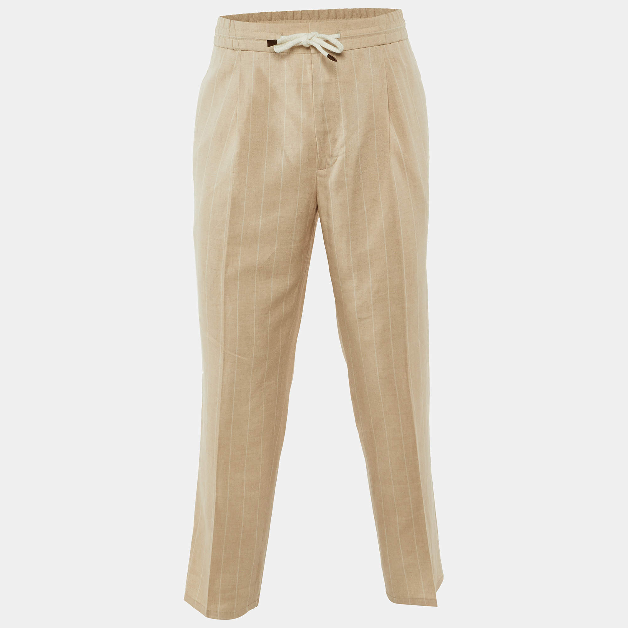 Pre Owned Brunello Cucinelli Pinstripe Linen and Wool Leisure Fit Trousers XXXL