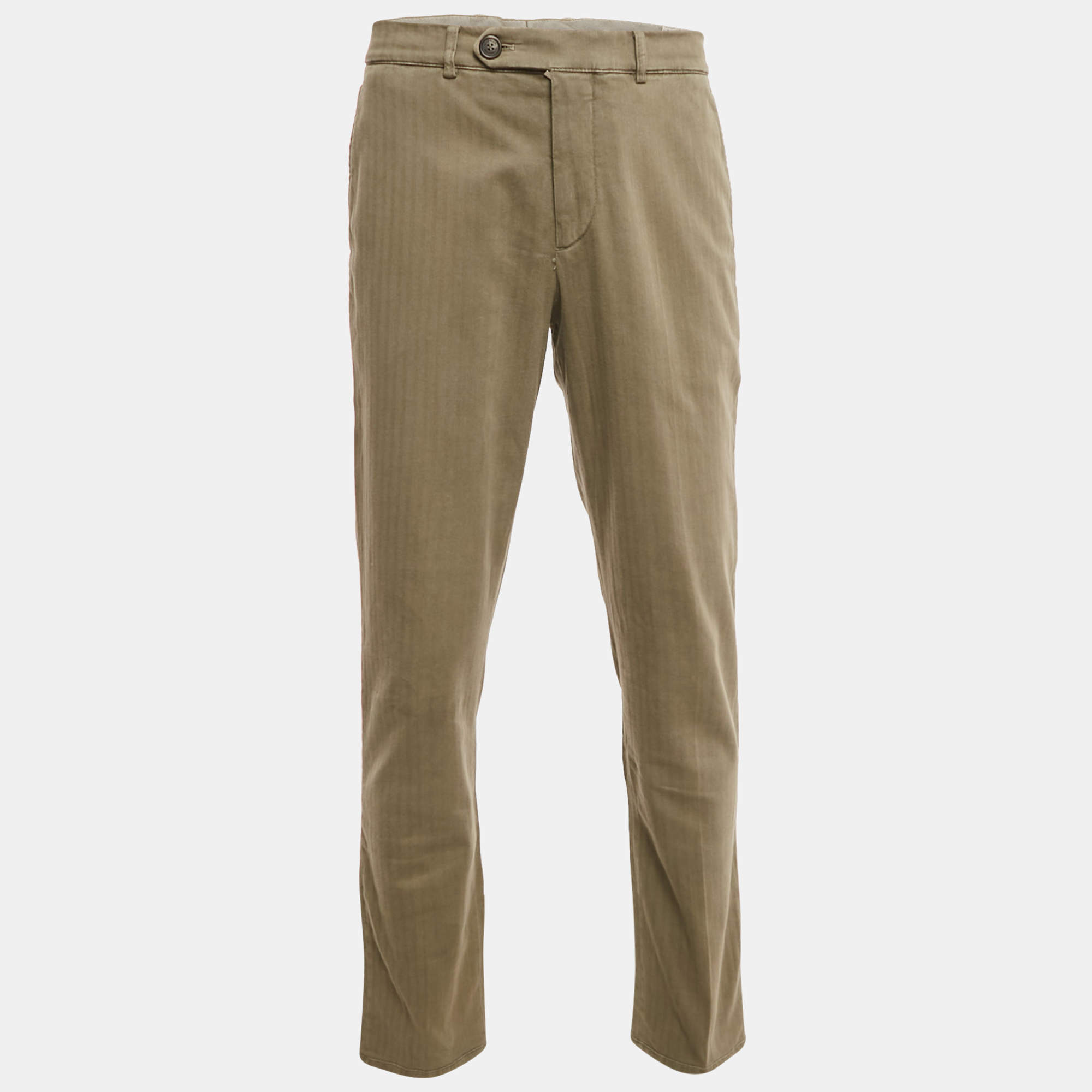 Pre Owned Brunello Cucinelli Sage Green Herringbone Cotton Traditional Fit Trousers M