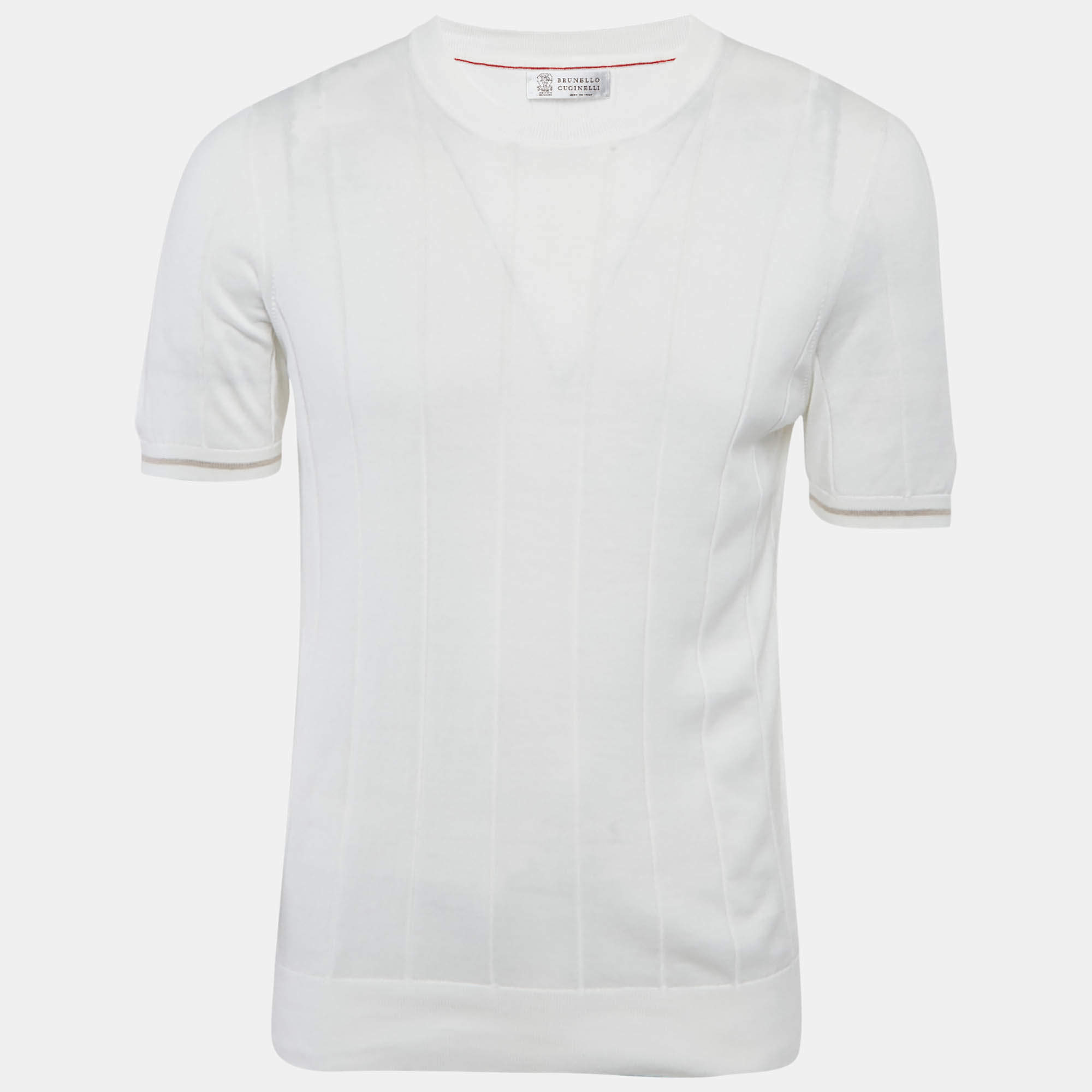 Pre Owned Brunello Cucinelli White Cotton Knit Crewneck T-Shirt M