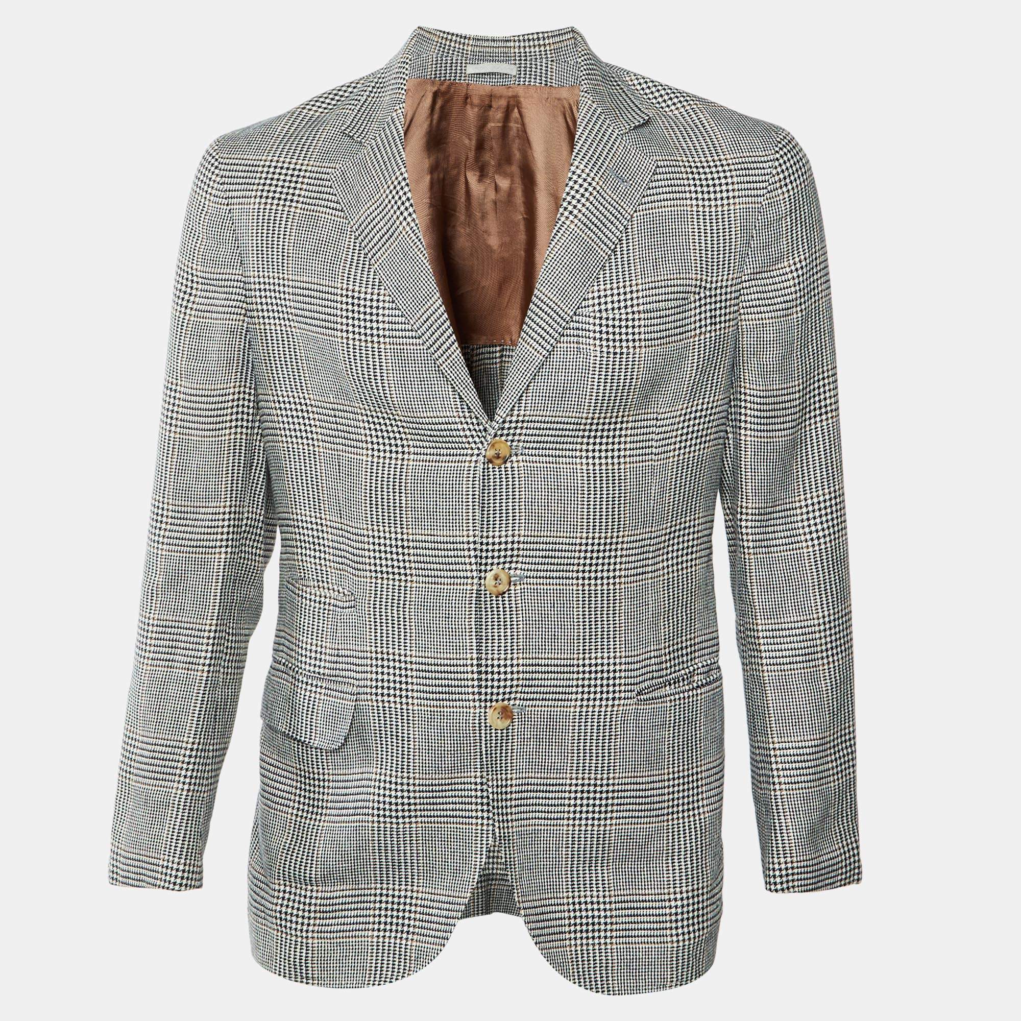 Pre Owned Brunello Cucinelli Black/White Checkered Linen & Wool Blazer S