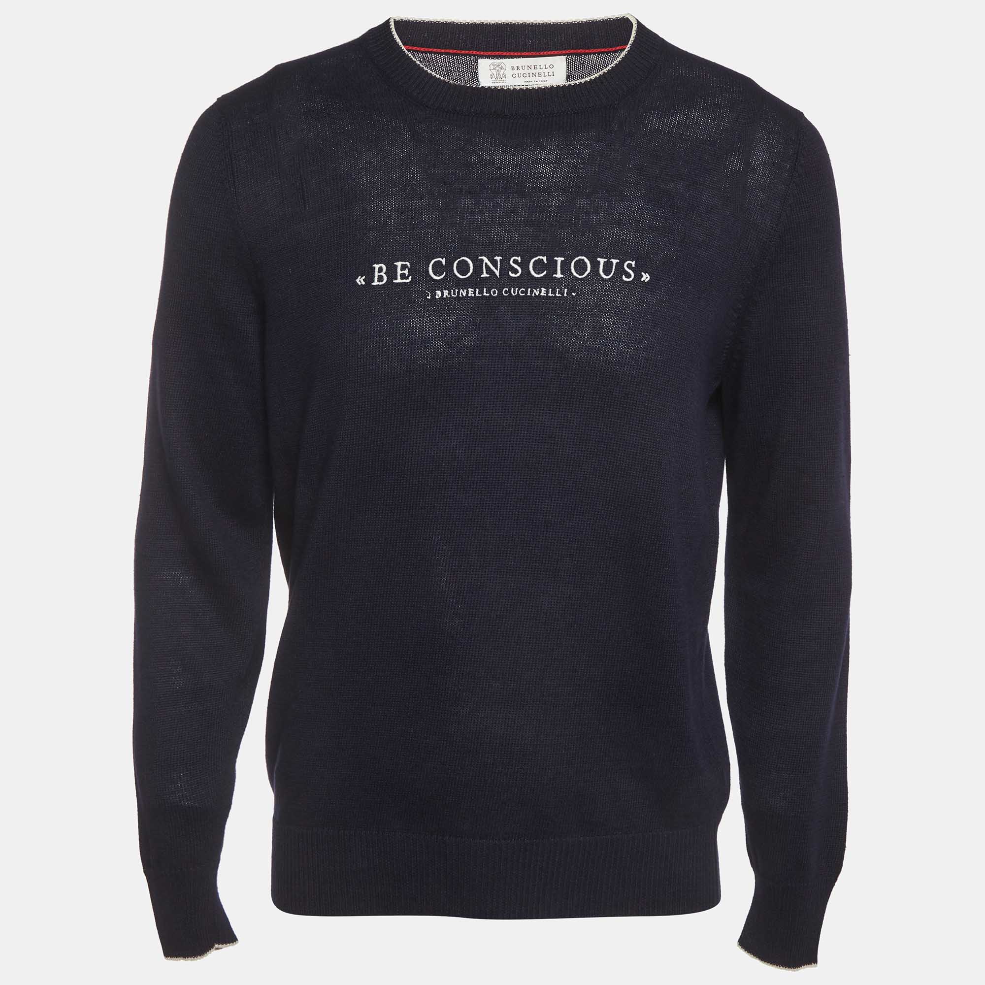 مملوكة مسبقًا Brunello Cucinelli Blue Embroidered Linen Knit Sweatshirt M