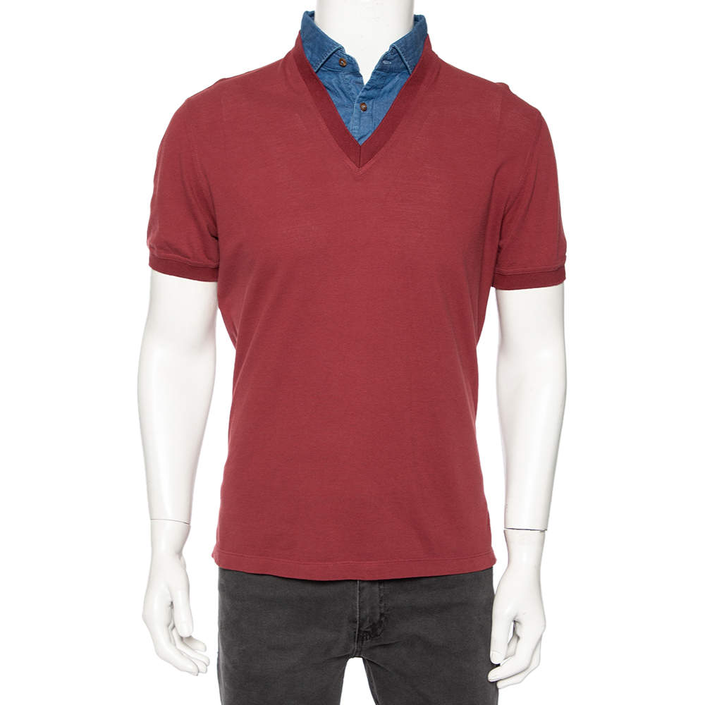 Pre Owned Brunello Cucinelli Maroon Cotton Denim Collar Detail Regular Fit T-Shirt L