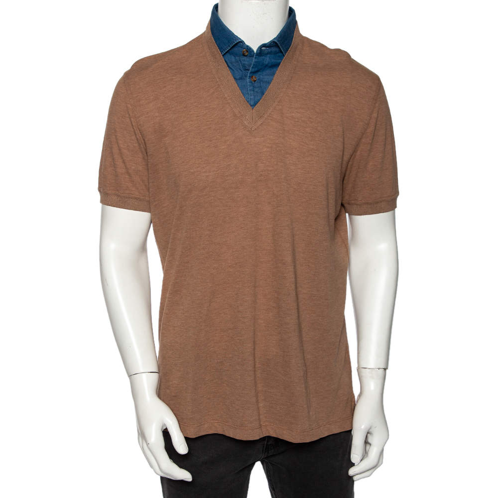 Pre Owned  Brunello Cucinelli Brown Cotton Pique Denim Collar Inset Polo T Shirt XXL