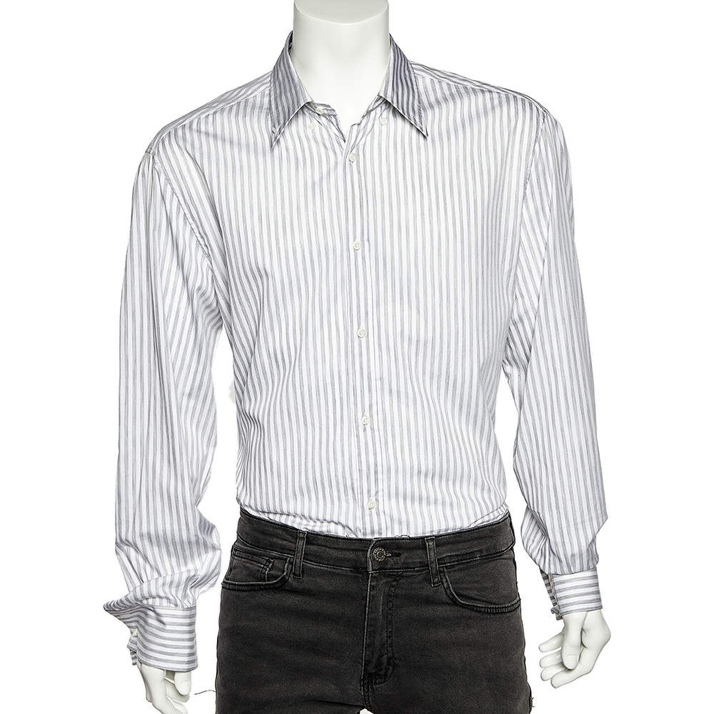 Pre Owned Brunello Cucinelli White & Grey Striped Cotton Basic Fit Shirt XXXL