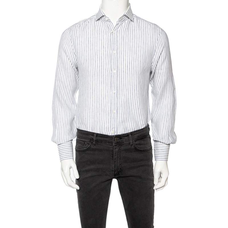 Pre Owned Brunello Cucinelli White Striped Linen Slim Fit Shirt M