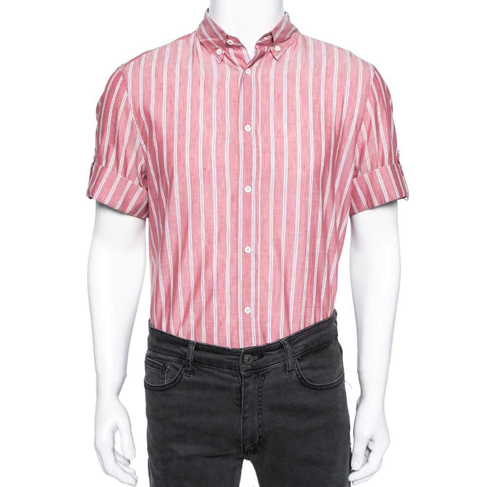 Pre Owned Brunello Cucinelli Pink Striped Cotton & Linen Leisure Fit Shirt XL