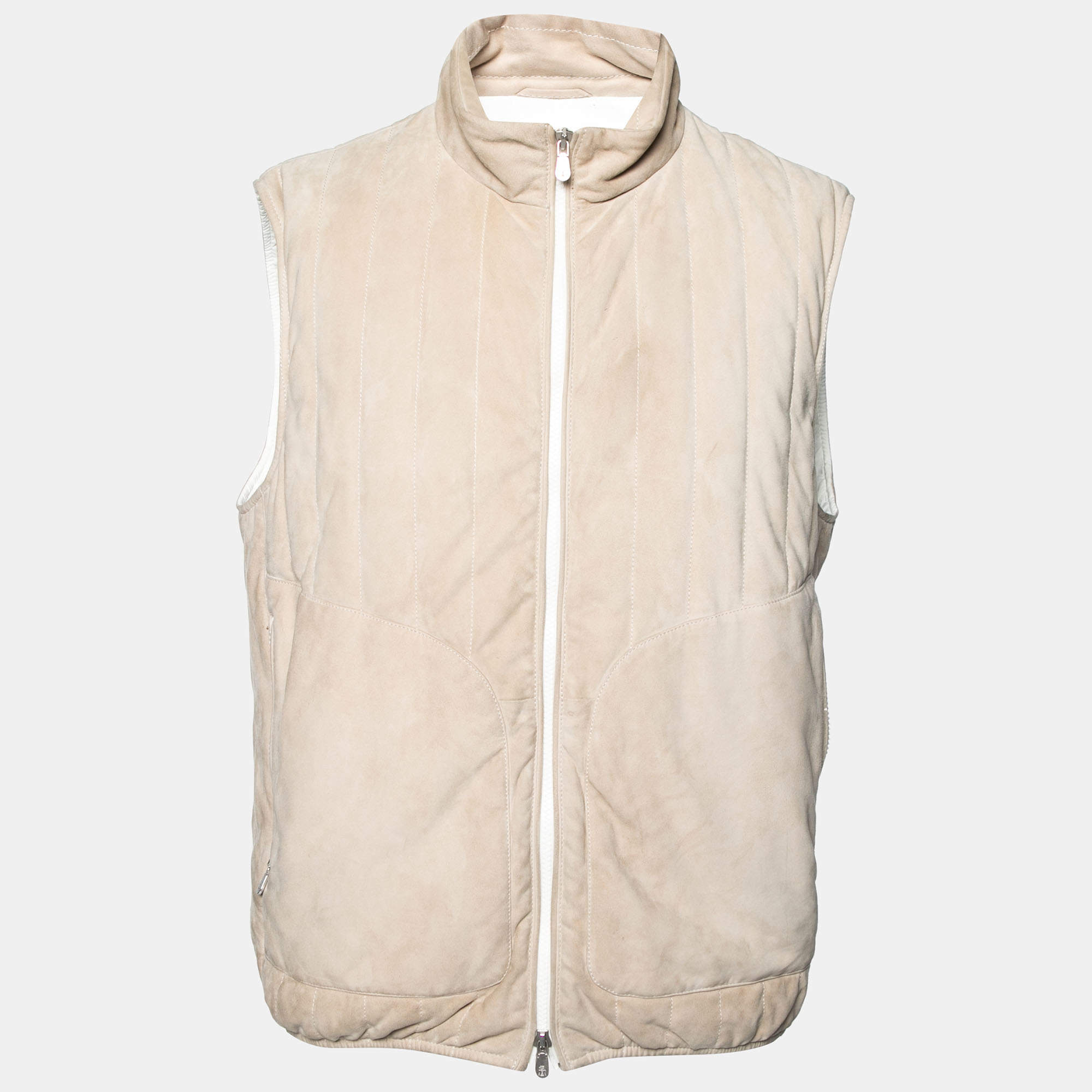 Pre Owned Brunello Cucinelli Beige Suede Sleeveless High Neck Puffer Jacket L