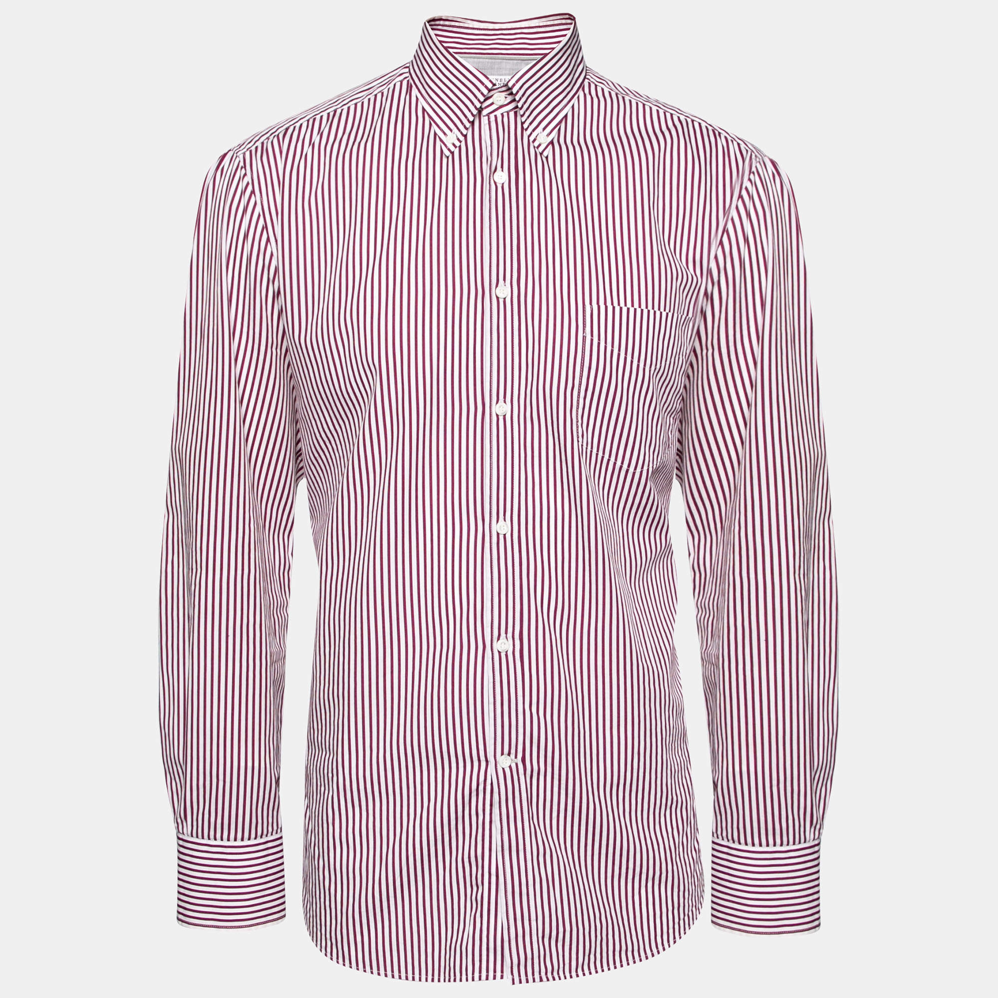 Brunello Cucinelli White and Burgundy Striped Button Down Shirt XXL