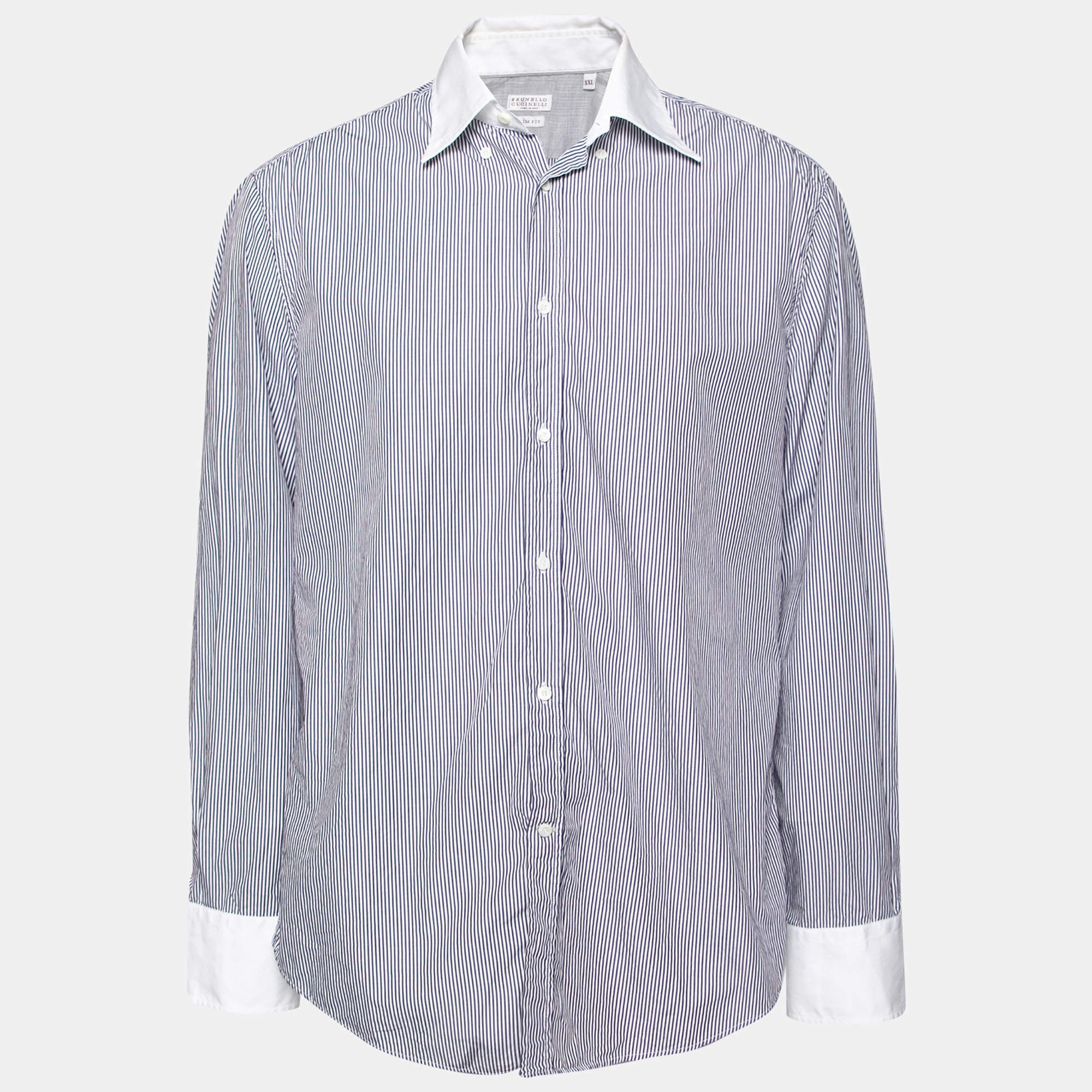 Brunello Cucinelli Blue and White Striped Cotton Button Front Shirt XXL